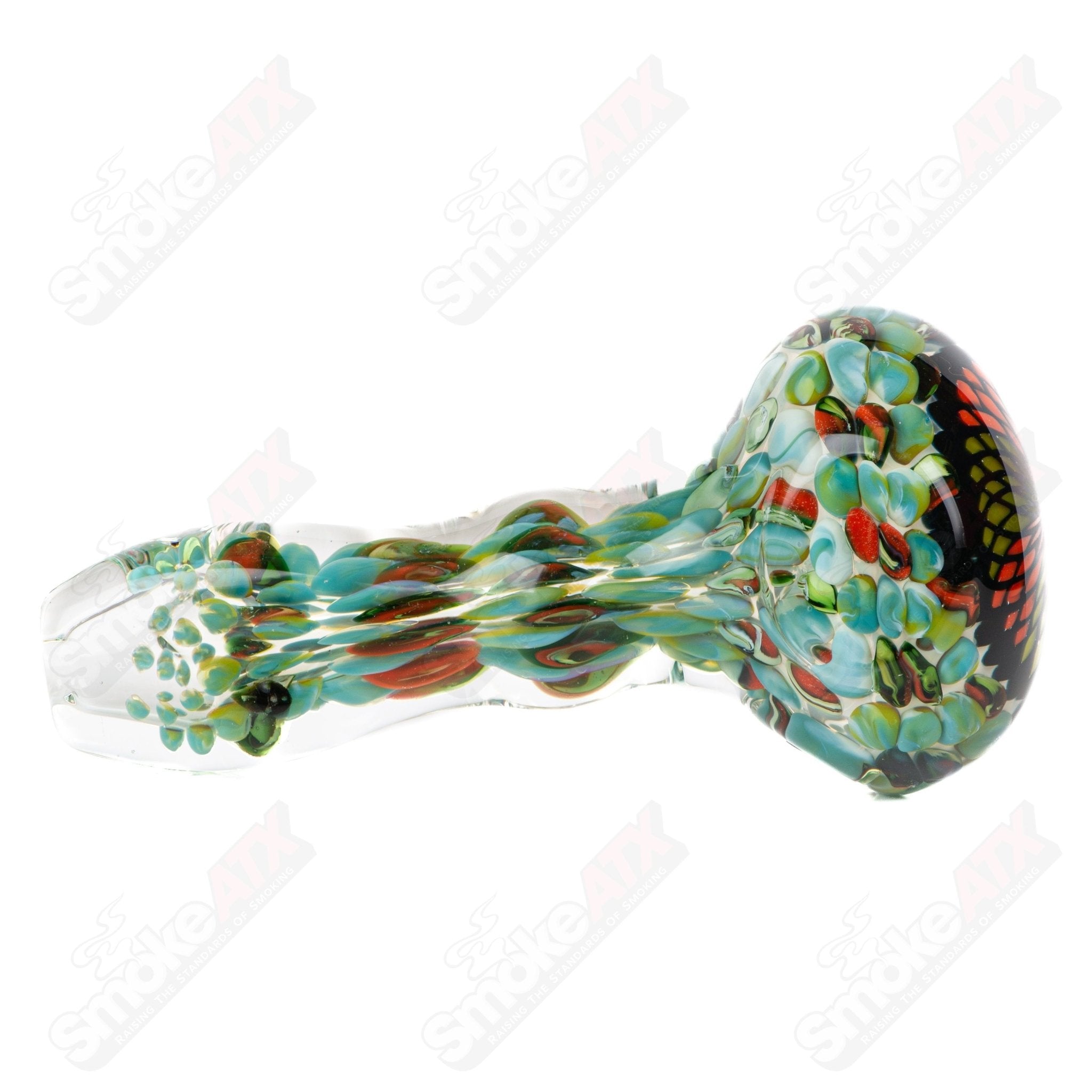 Large Fillacello Spoon Glass Pipe by Rotational Science, showcasing a colorful, artistic design with a rounded bowl and smooth finish.