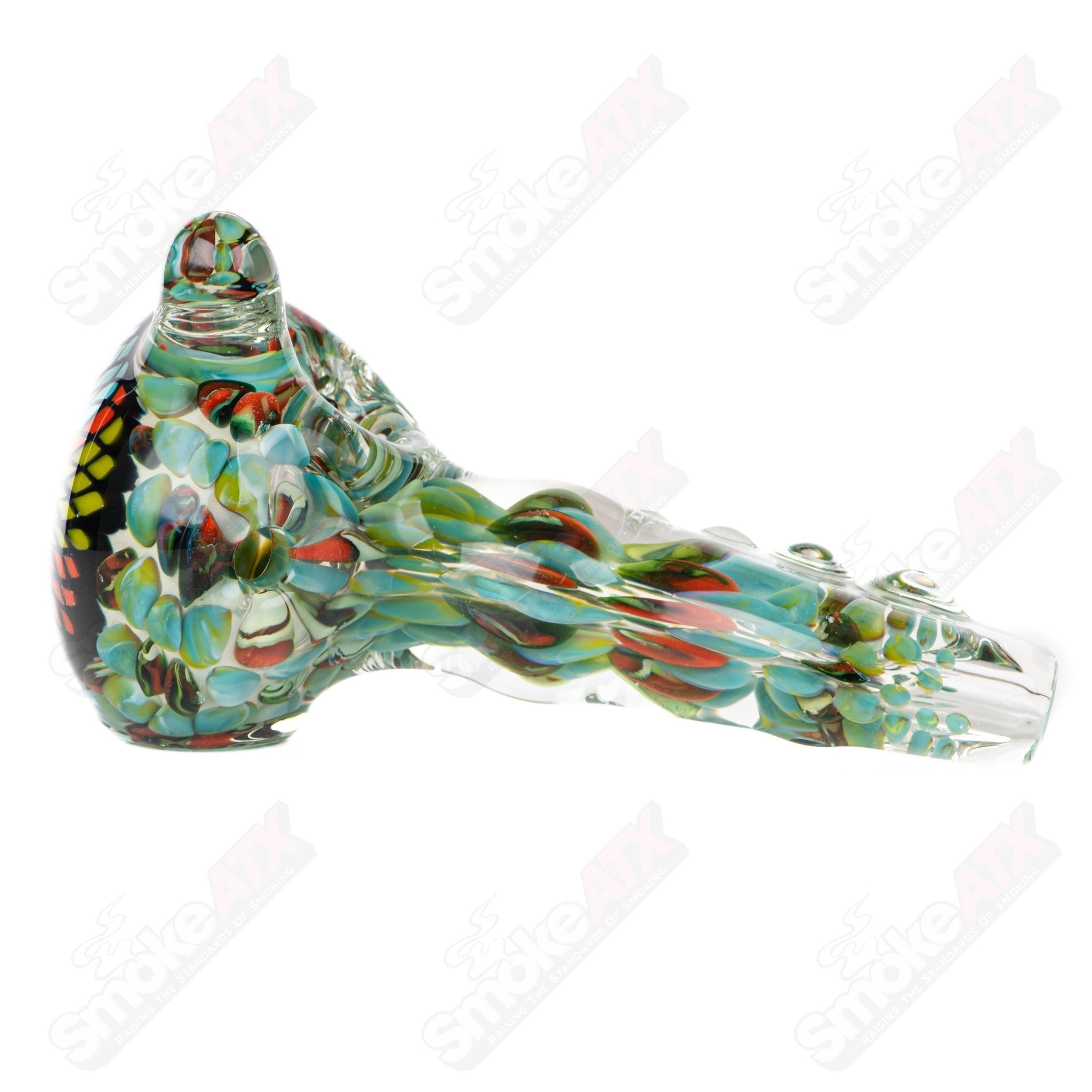 Large Fillacello glass spoon pipe by Rotational Science, showcasing intricate design and transparent glass construction.