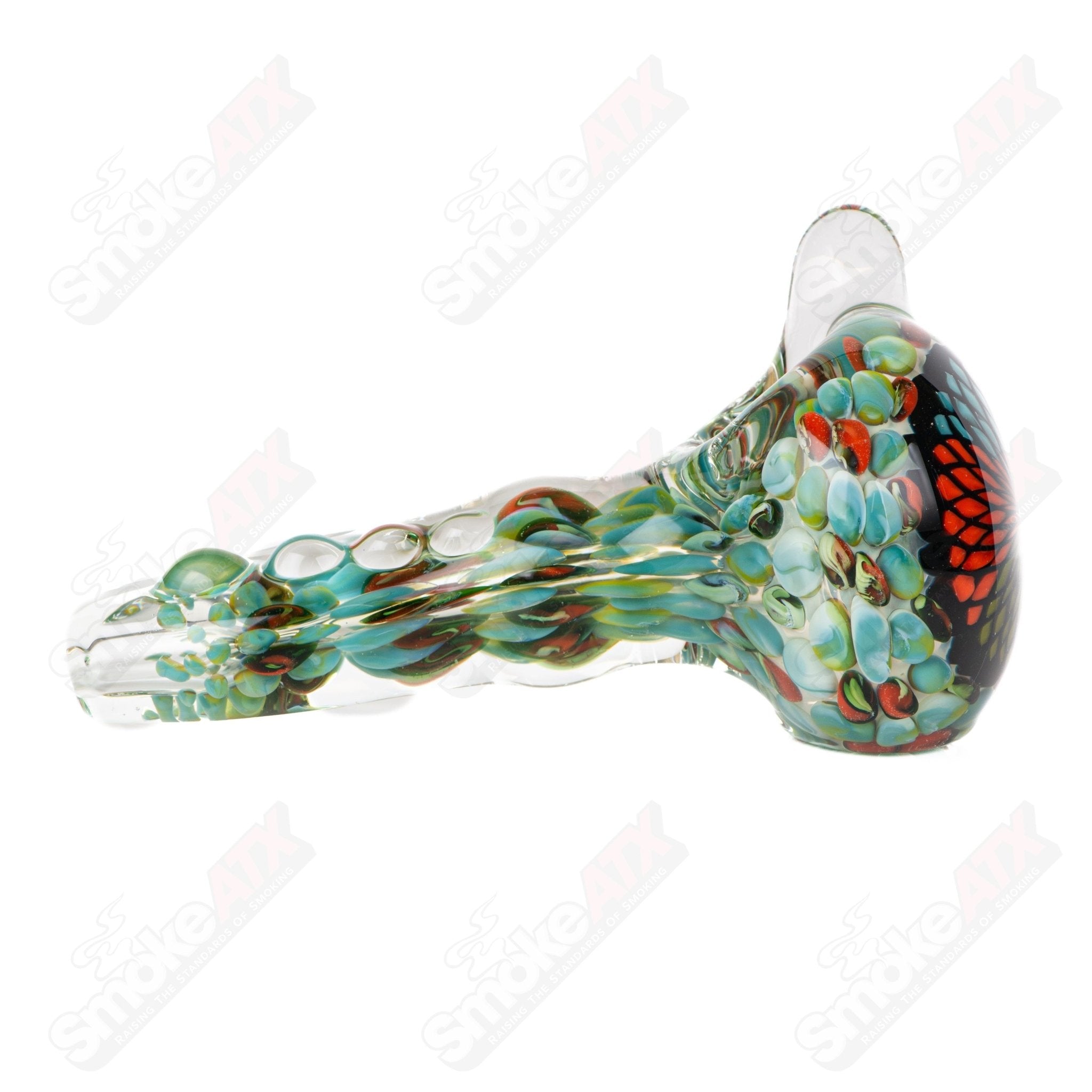 Large Fillacello spoon glass pipe by Rotational Science, showcasing intricate design and clear glass construction.
