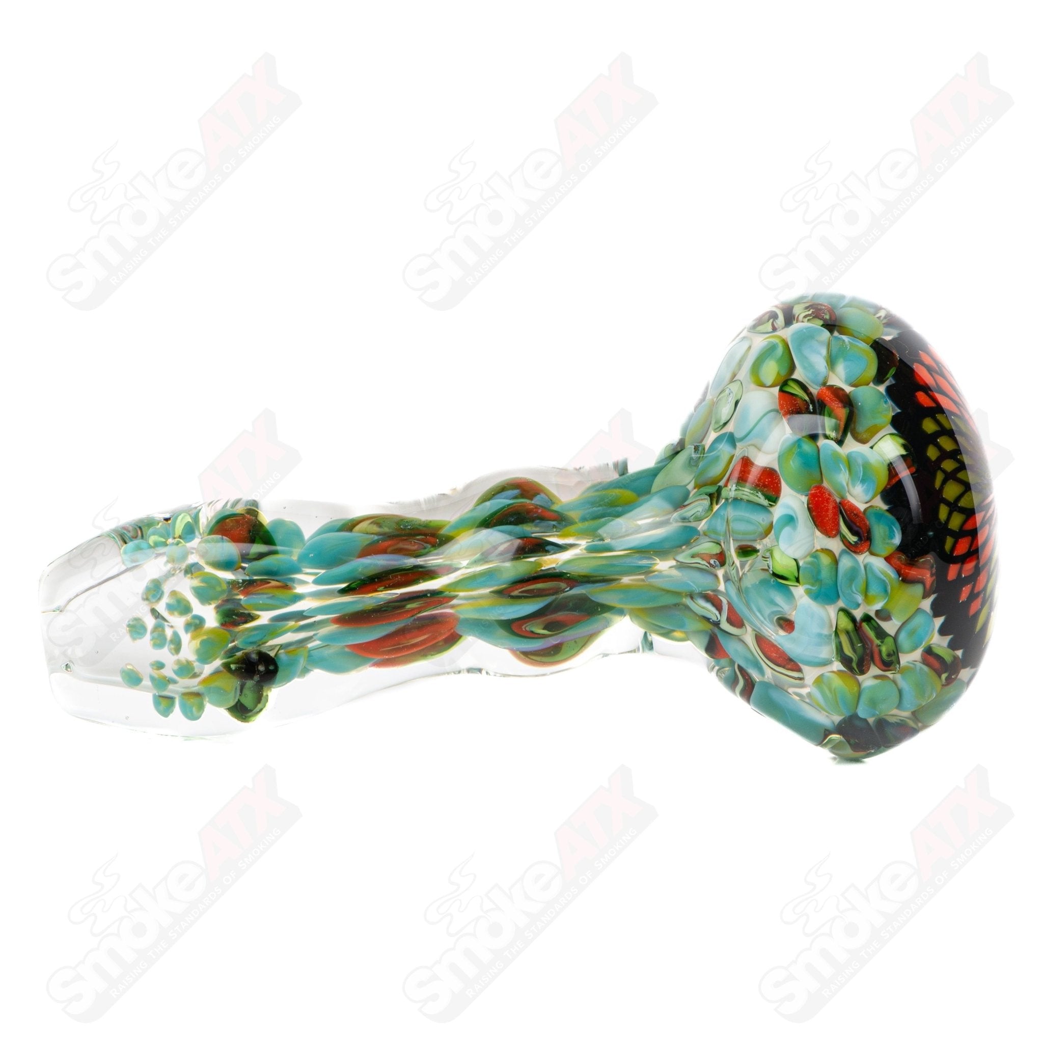 Large Fillacello Spoon glass pipe by Rotational Science, showcasing a detailed, colorful design with a rounded bowl and smooth finish.