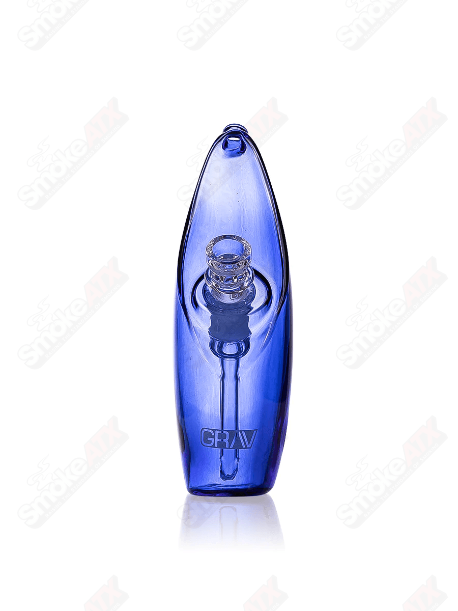 Light cobalt rain bubbler waterpipe by Grav, made of glass with a detailed rain pattern and compact design for smooth smoking.