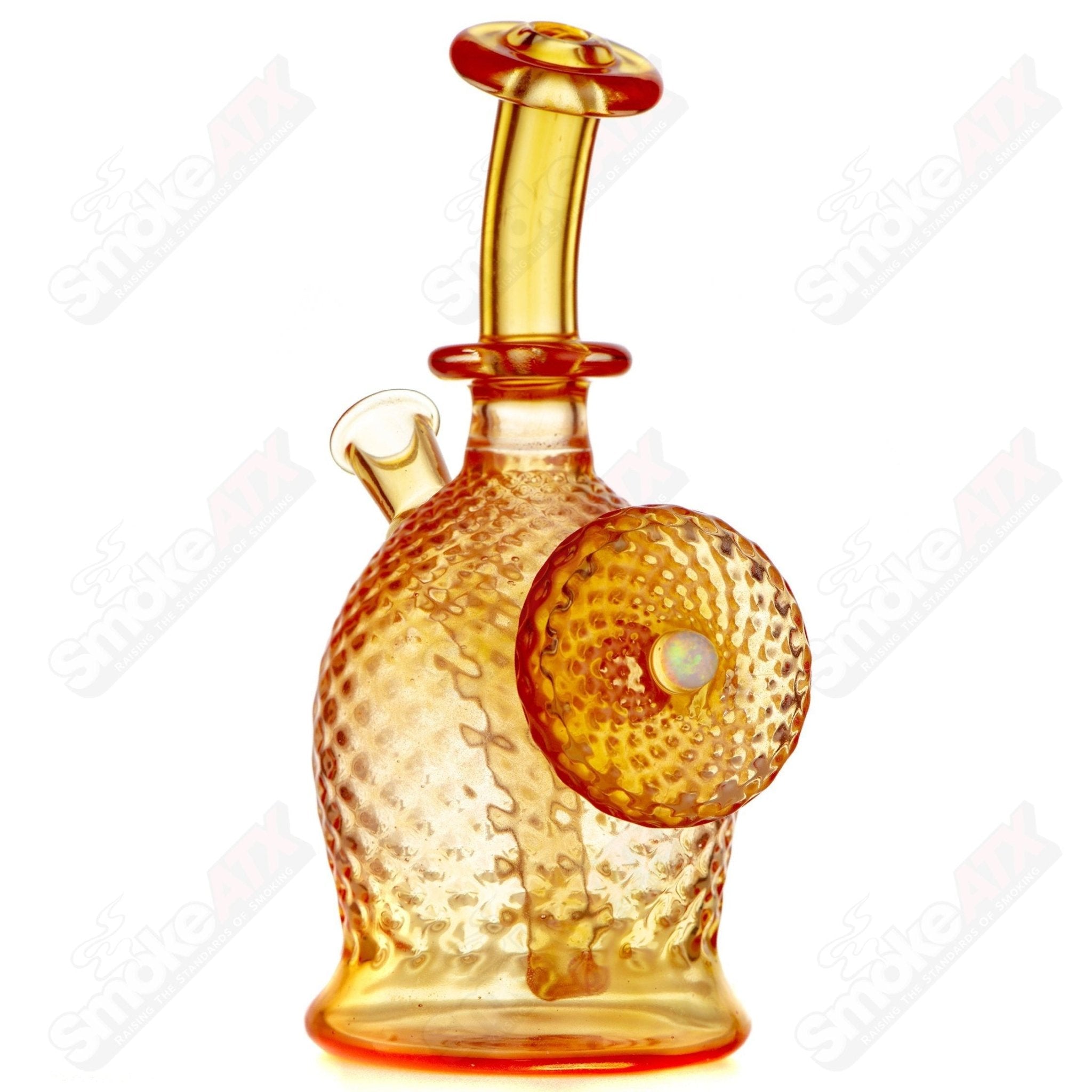 James Lang Magma Diamond Tech Rig, glass concentrate rig with intricate diamond pattern and clear design, for vaporizing concentrates.
