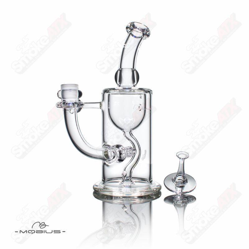 Mobius Recurve Heady Glass Incycler with intricate glasswork and vibrant colors, showcasing a unique curved design and craftsmanship.