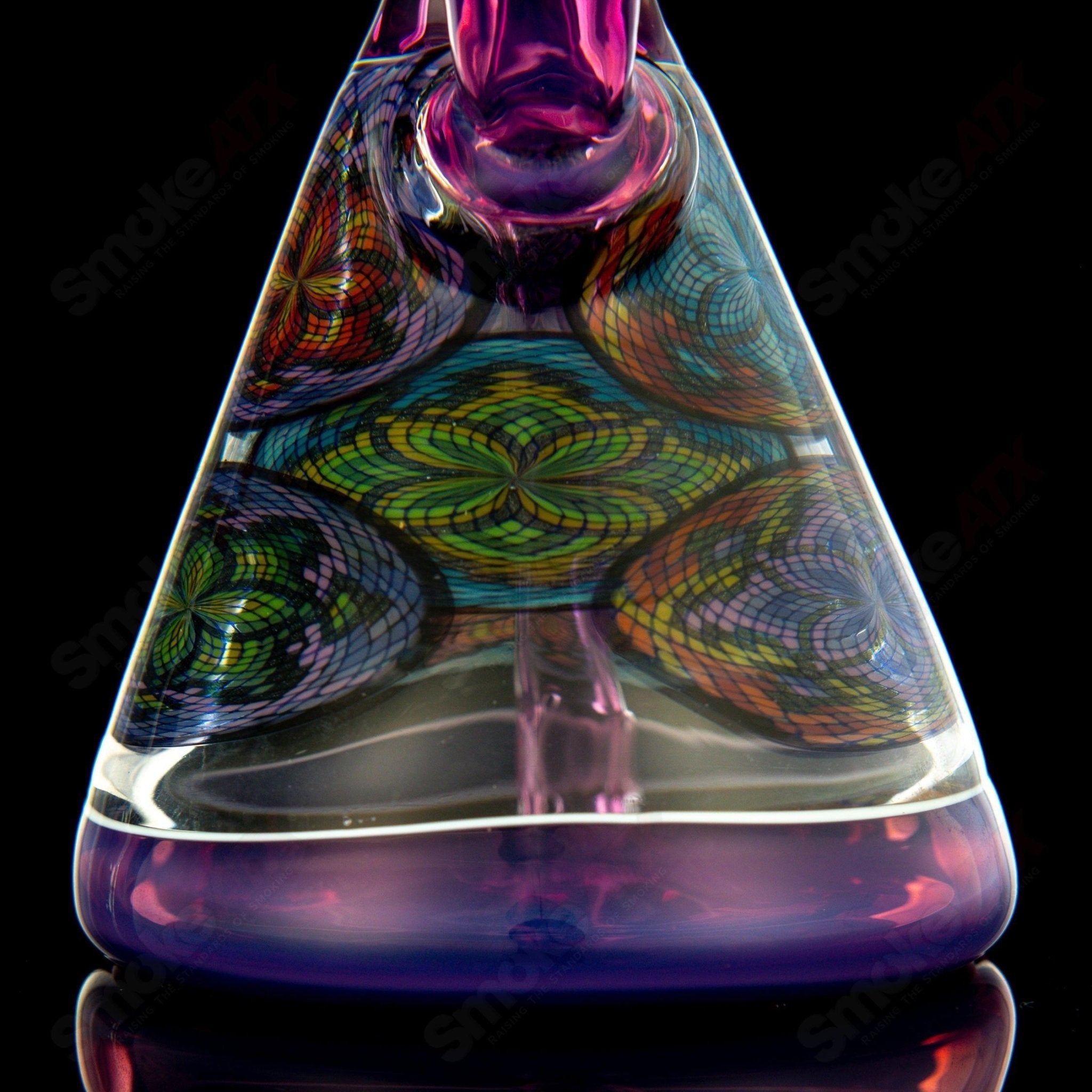 Set of multiple Filla beakers by John W Glass, clear heady glass beakers with colorful accents, designed for display or use.
