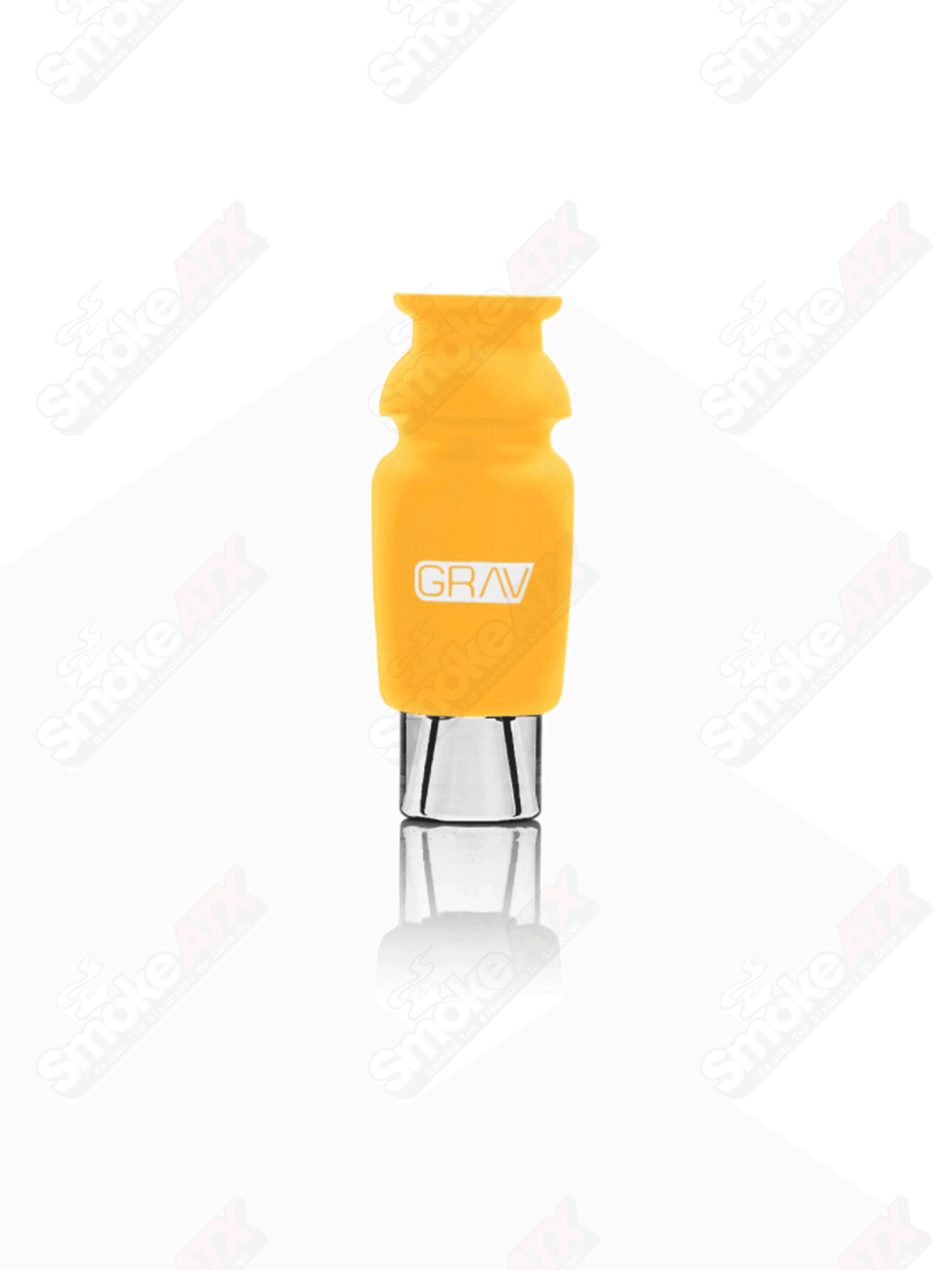 Mustard yellow silicone-capped glass crutch pipe by Grav, featuring a clear glass body and colorful silicone cap.