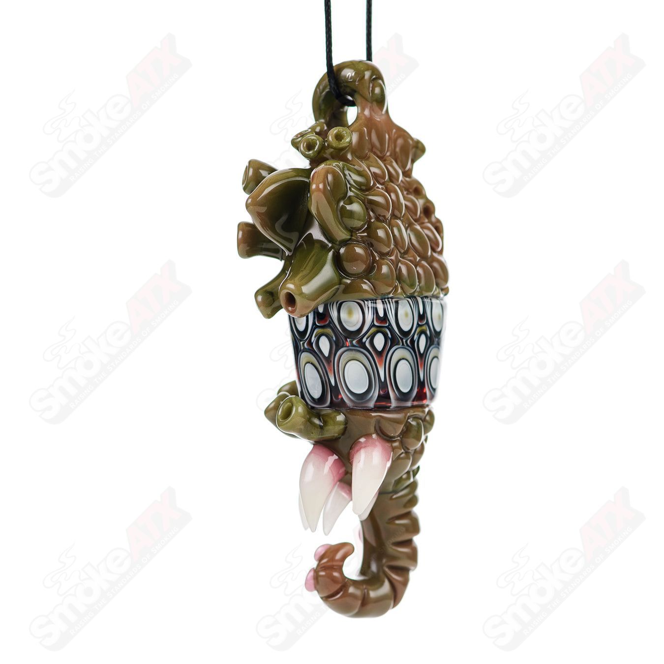 Yoshi Prep Spanish Olive pendant by Salt Glass, heady glass pendant featuring detailed Yoshi Nori Kondo design on transparent glass