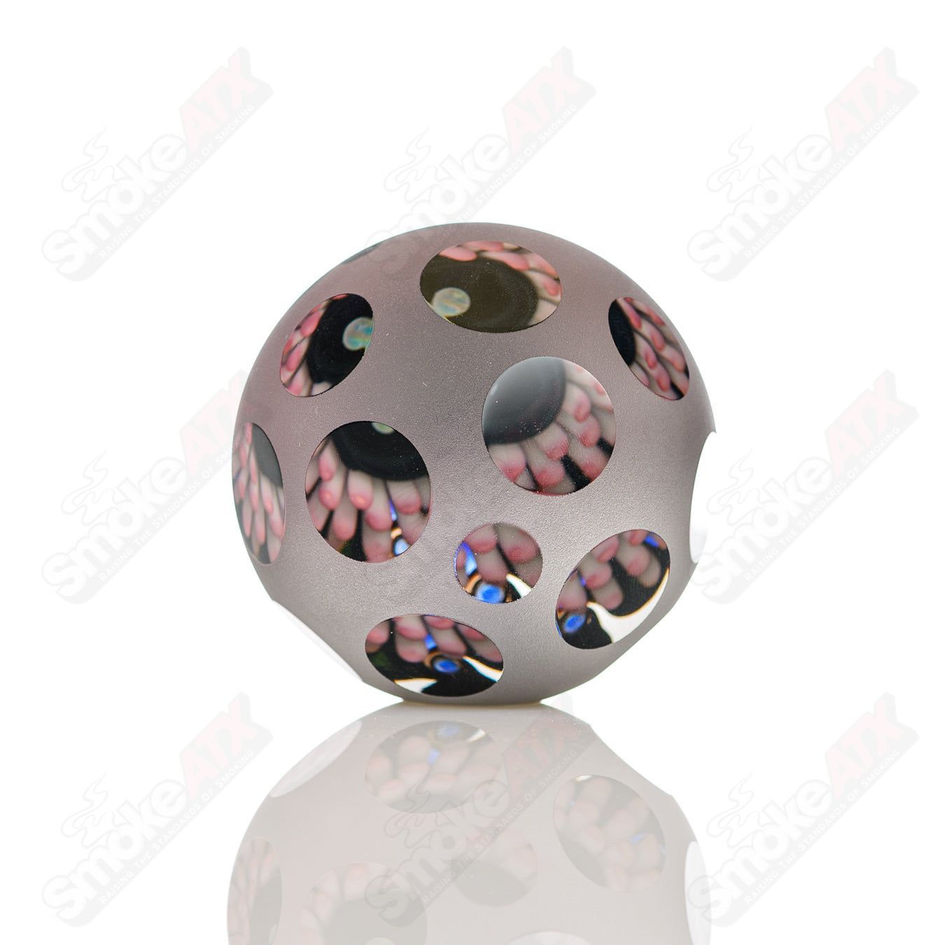 Pink faceted marble Raj K glass heady glass with colorful marbles, crafted by Raj Kommineni Glass.
