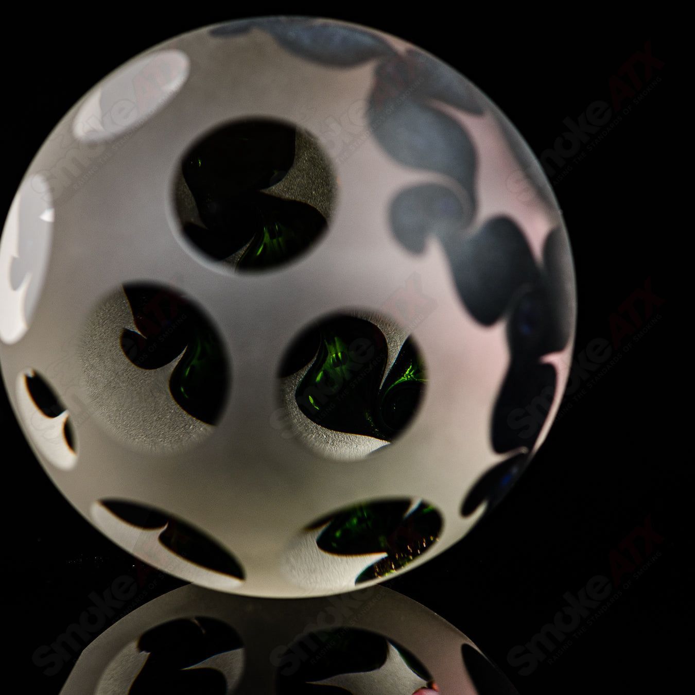 Pink faceted marble heady glass by Raj Kommineni, featuring colorful glass marbles and intricate design details.