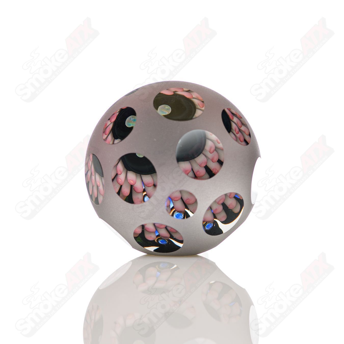 Pink faceted marble Raj K glass, a handcrafted heady glass with colorful marbles, by Raj Kommineni Glass.