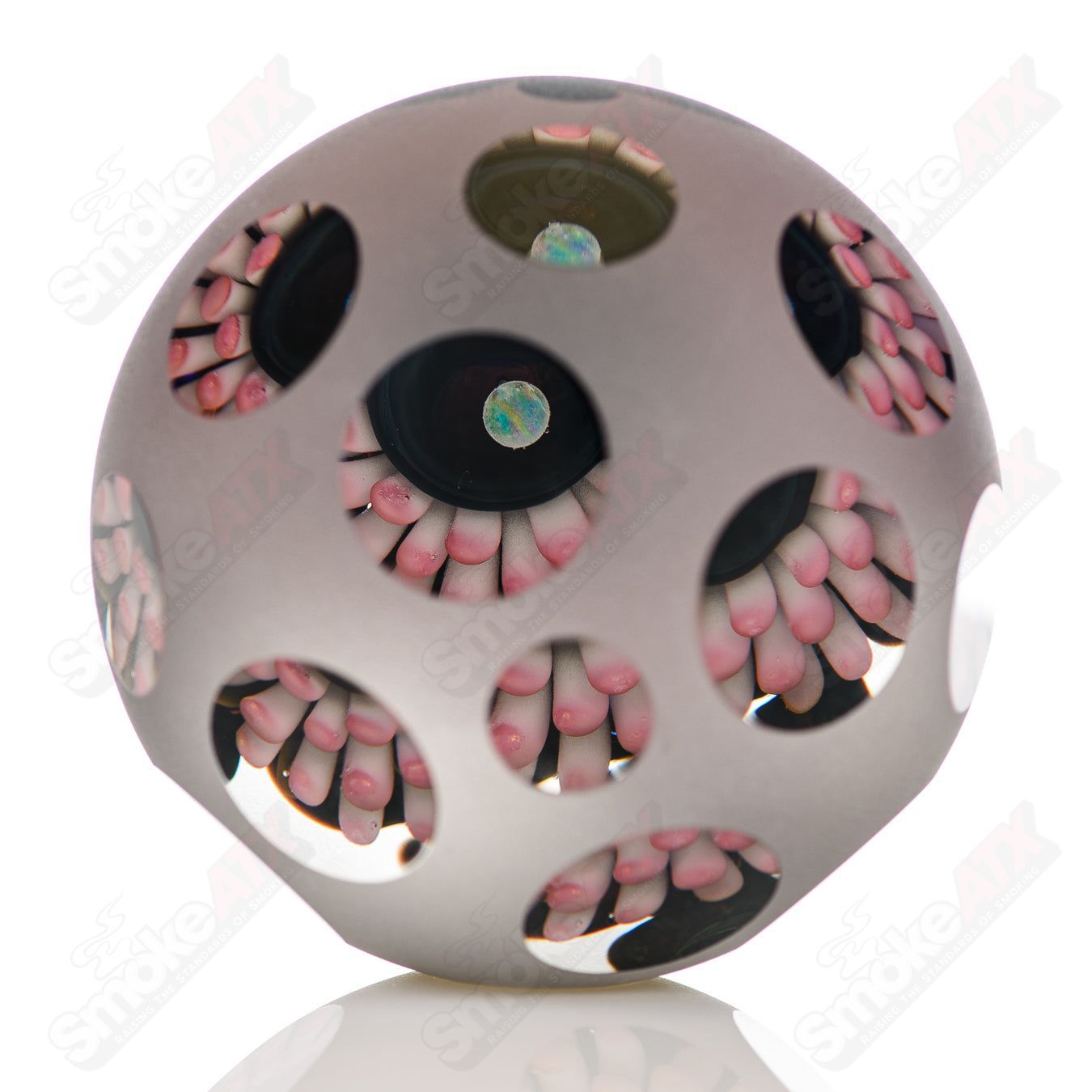Pink faceted marble Raj K glass heady glass with colorful marbles, crafted by Raj Kommineni Glass.