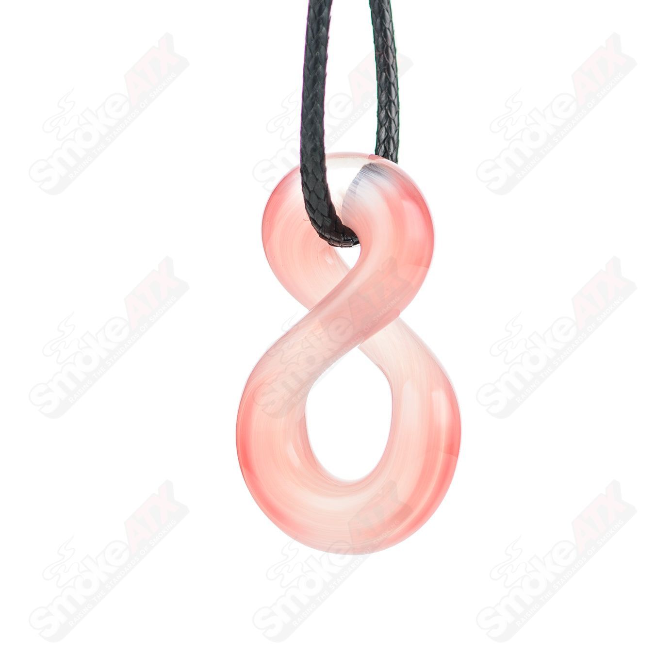 Pink Infiniti pendant made of Wam Glass, featuring a smooth, glossy glass design with a silver bail for necklace attachment.