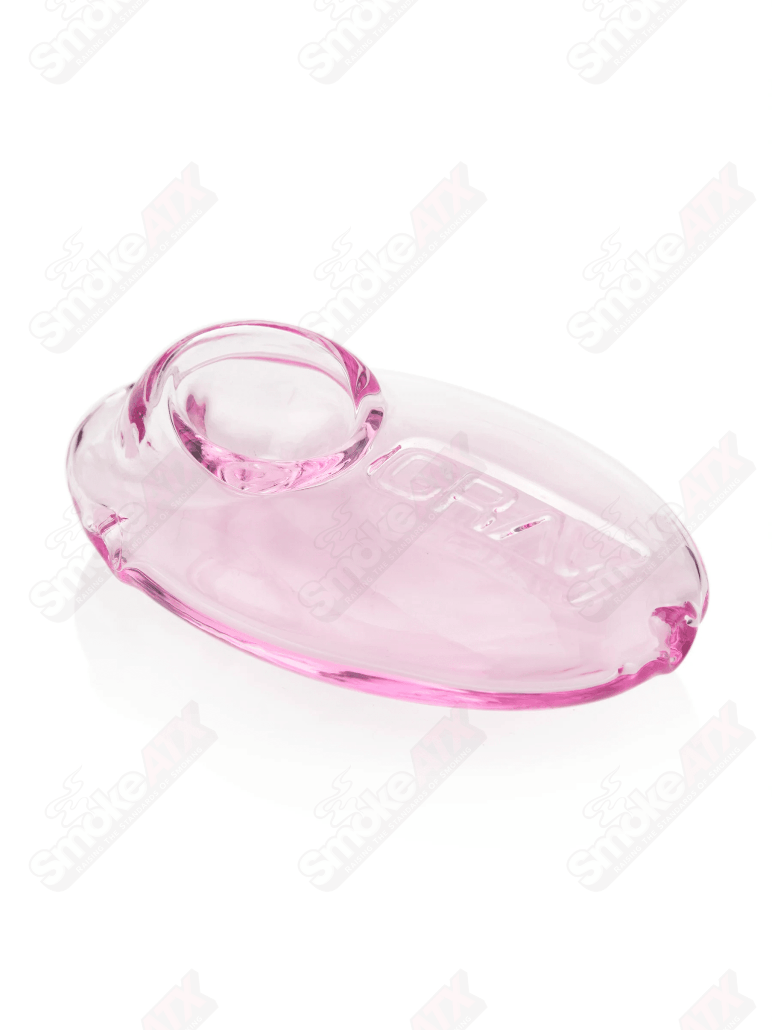 Pink Pebble Spoon Pipe by Grav Labs, clear glass with pink pebble accents, designed for smoking, featuring a smooth bowl and ergonomic shape.