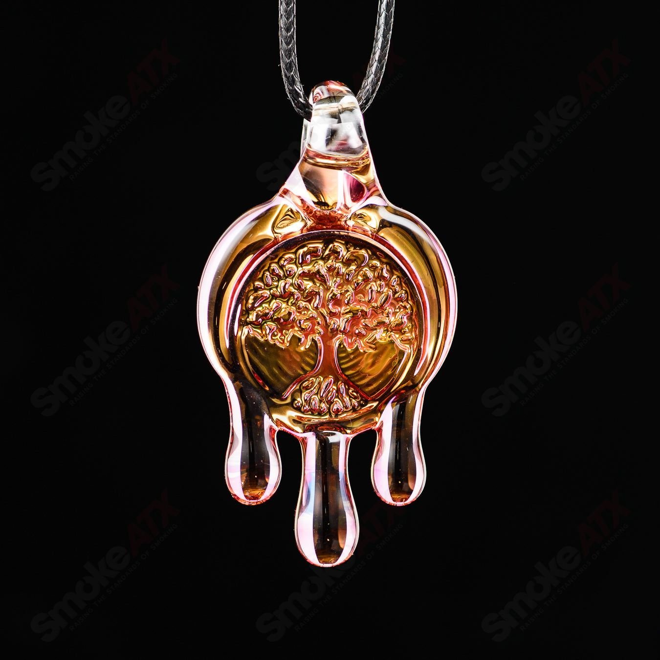 James Lang pressed tree glass pendant featuring a detailed pressed tree design, hangs on a delicate chain.