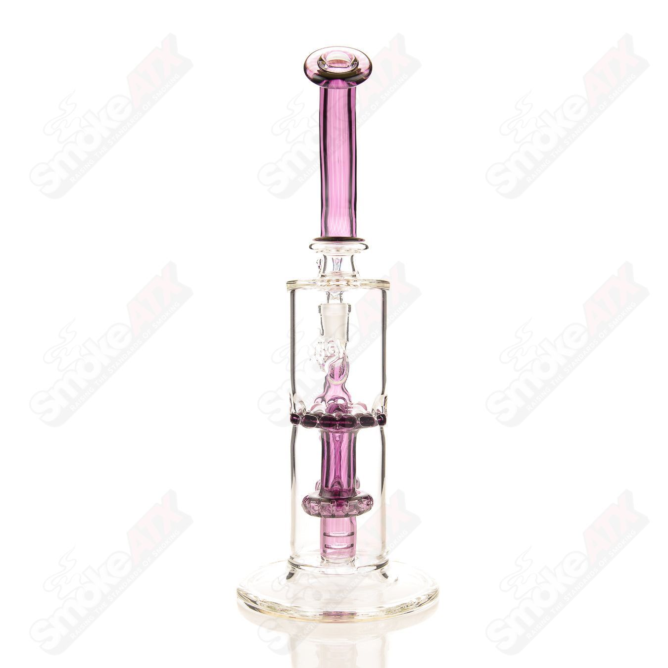 Purple Amethyst Belly Dump Perc Tube glass concentrate rig by Texas Hot Glass, featuring a vibrant purple design and intricate percolator.