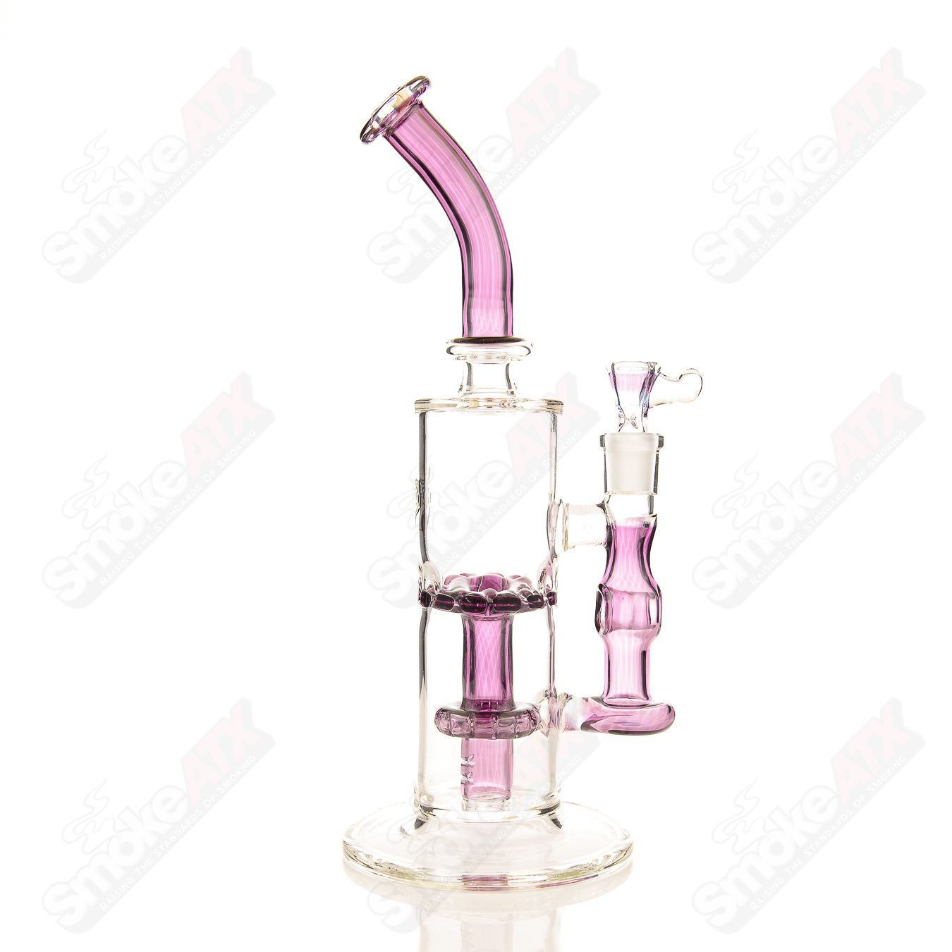Purple Amethyst Belly Dump Perc Tube by Texas Hot Glass, a glass concentrate rig with a vibrant purple amethyst design and dump perc.