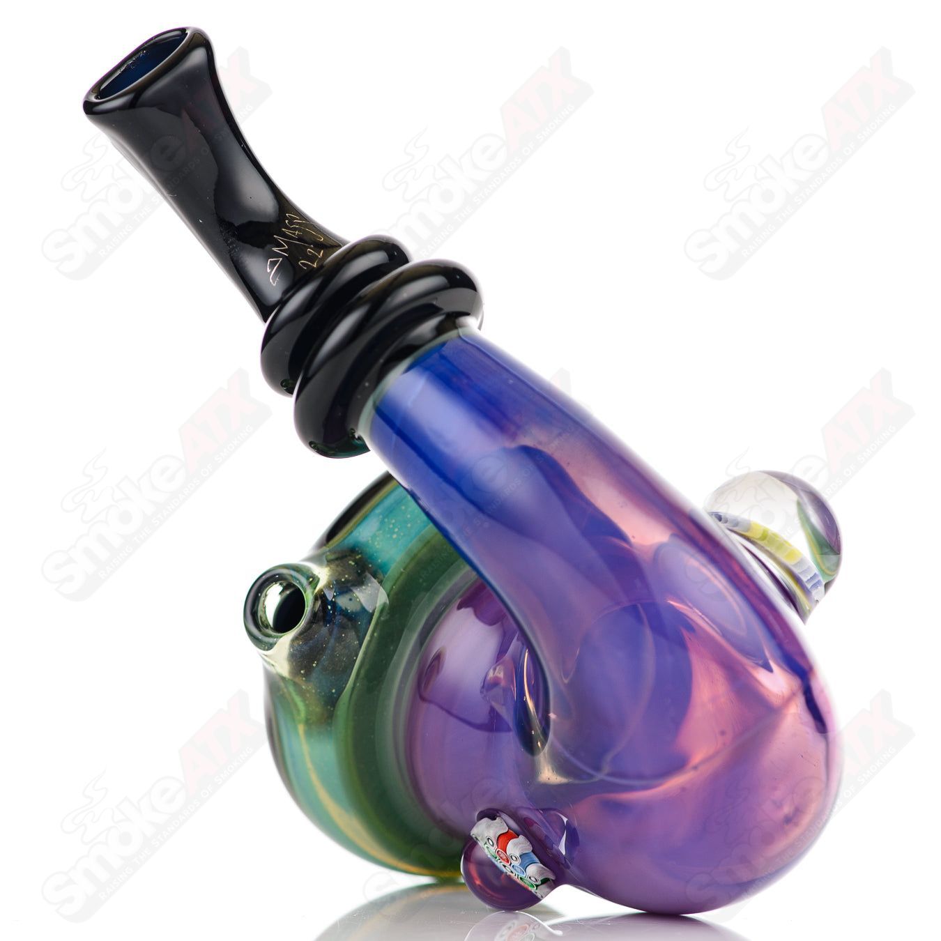 Purple and blue Sherlock glass pipe by JMass, featuring a classic Sherlock design and vibrant color accents.