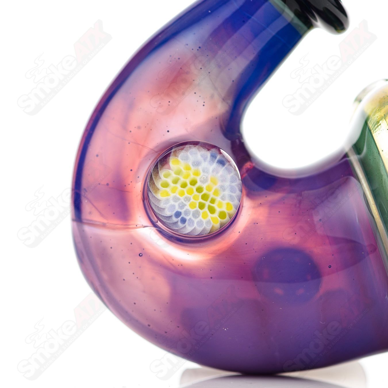 Purple and blue Sherlock-style glass pipe by JMass, featuring a classic heady glass design with intricate swirls and a sturdy mouthpiece.