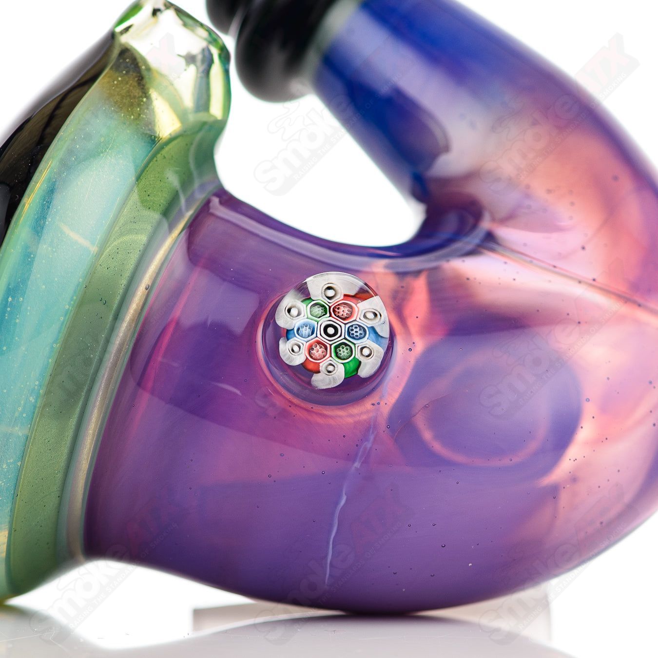 Purple and blue Sherlock JMass heady glass pipe with intricate design and clear mouthpiece for smooth smoking experiences.