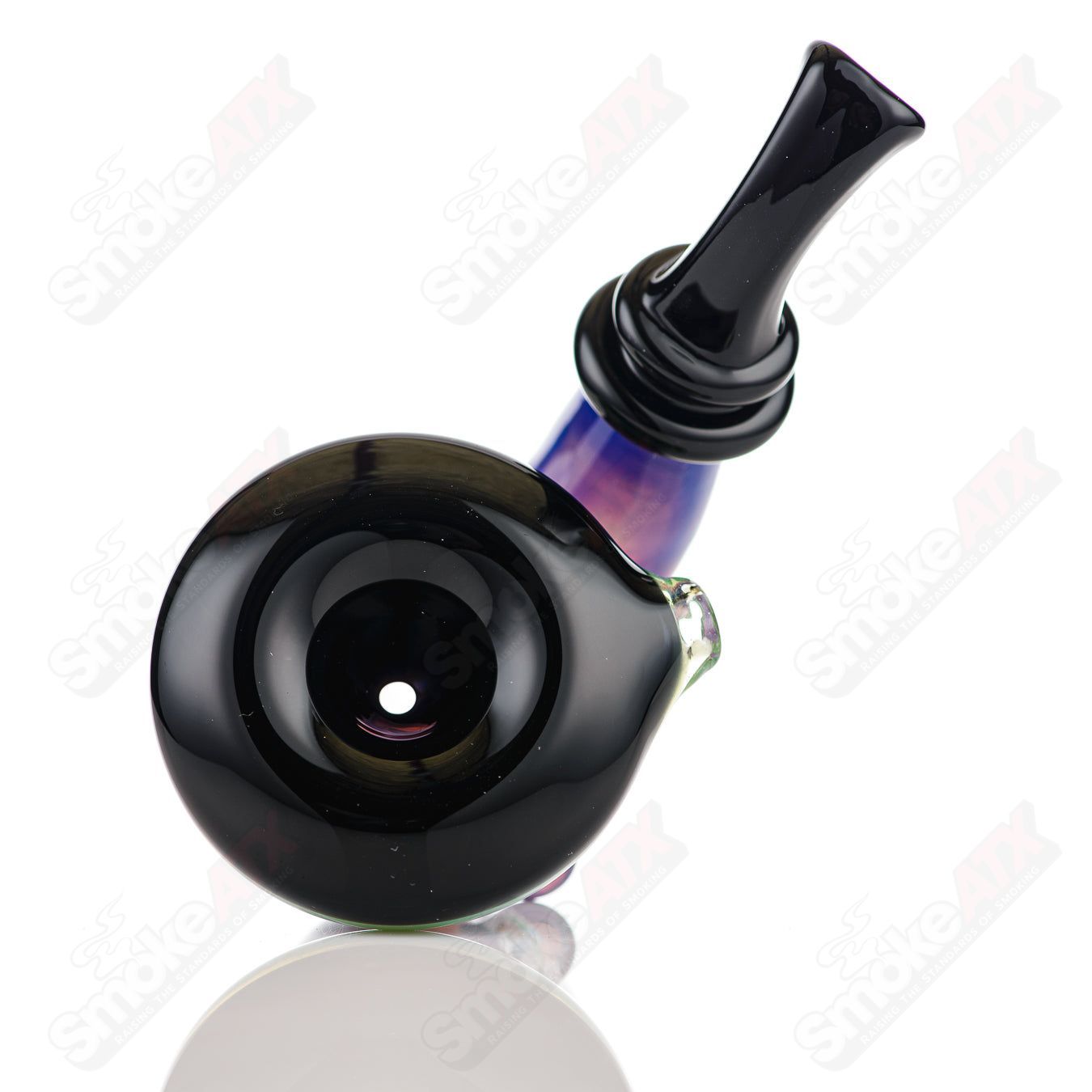 Purple and blue Sherlock glass pipe by JMass, a colorful heady glass Sherlock-style smoking device with intricate design.
