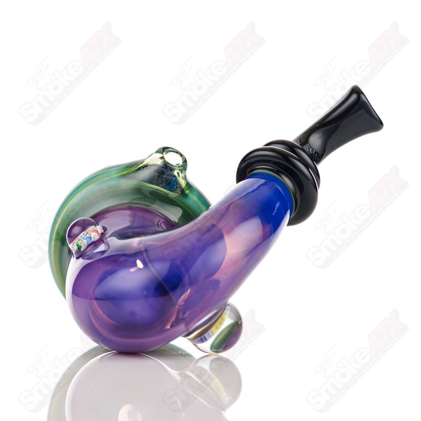 Purple and blue Sherlock glass pipe by JMass, featuring a classic Sherlock design and vibrant glasswork.