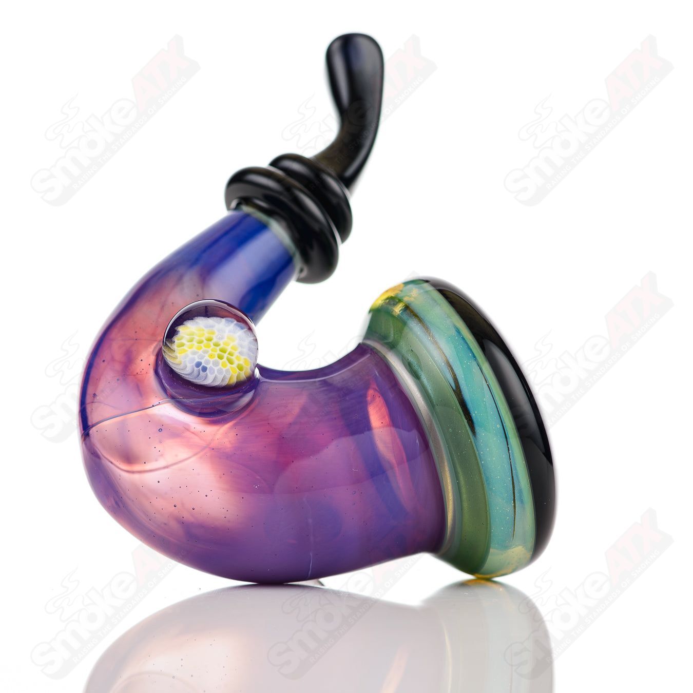 Purple and blue Sherlock glass pipe by JMass, heady glass Sherlocks with intricate design and clear glass accents.