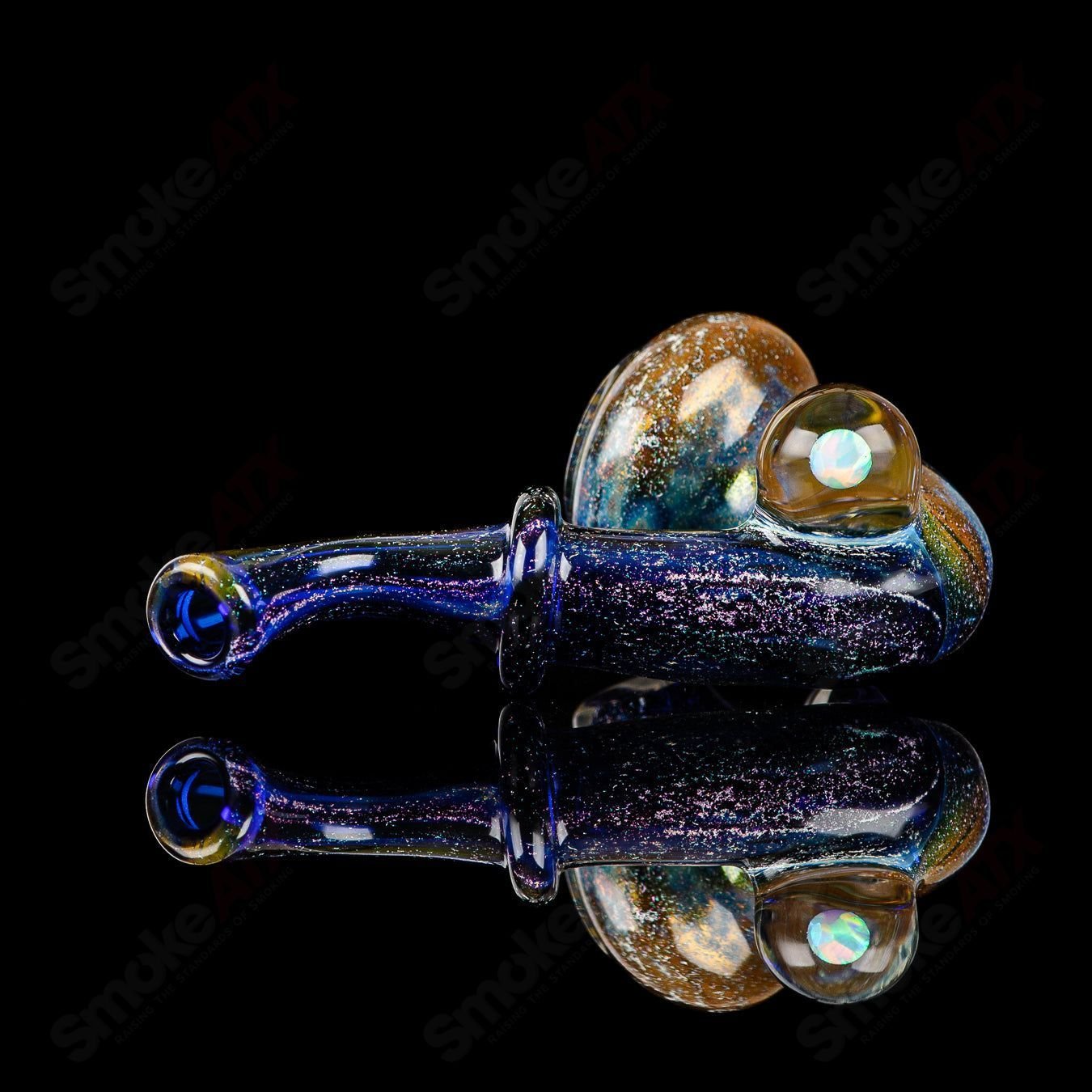 JMass Quasar Tech Sherlock heady glass pipe with intricate glasswork by Melodium, featuring a classic Sherlock design.