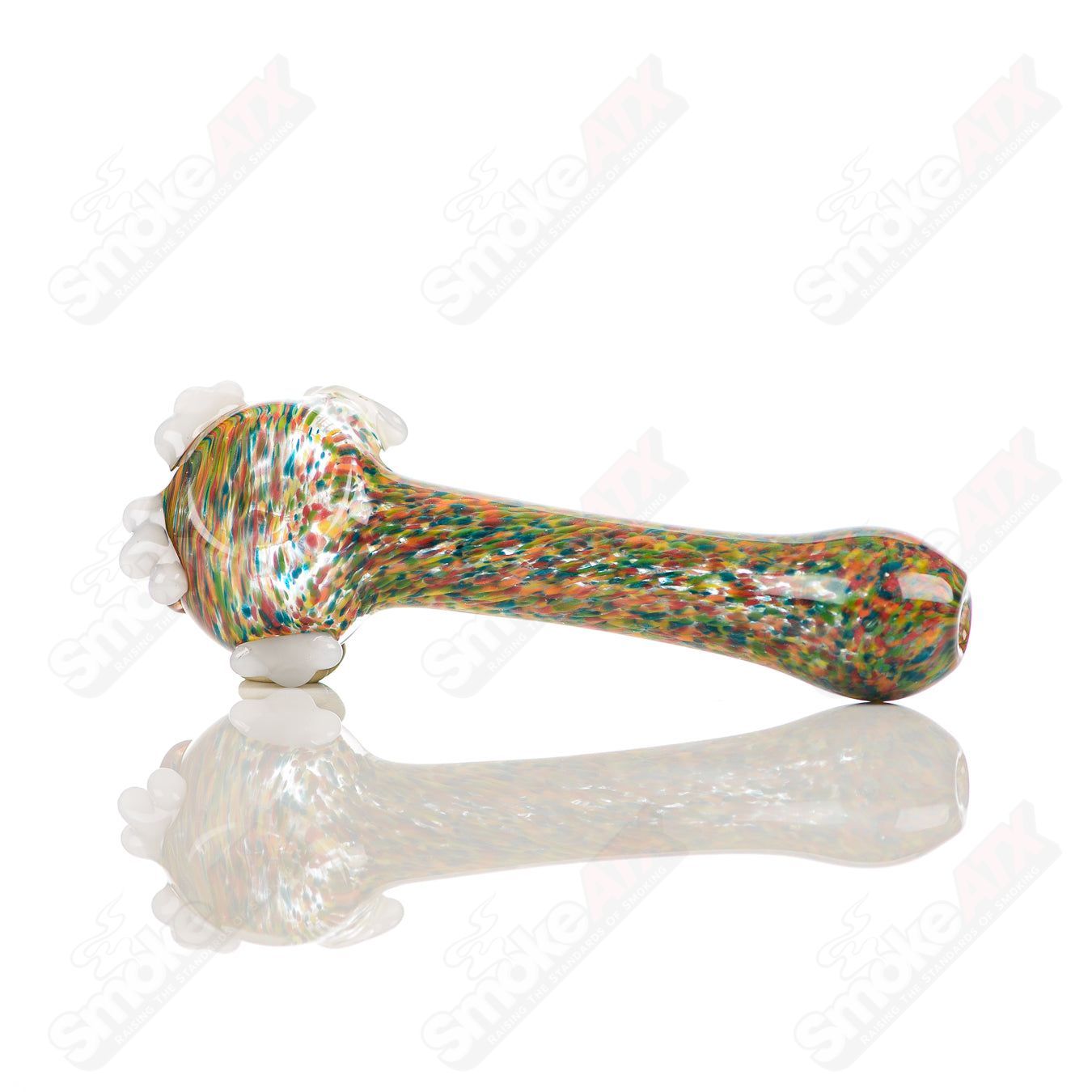 Colorful rainbow frit glass spoon pipe by Four Winds Flameworks, showcasing vibrant swirls and intricate glasswork details.