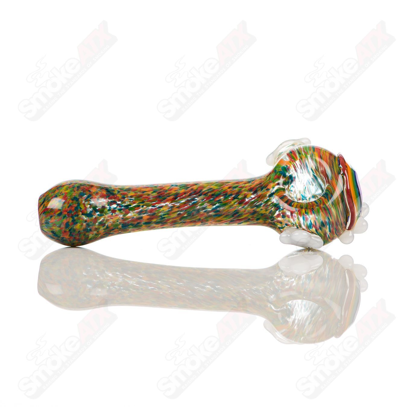Rainbow Frit Spoon Pipe by Four Winds Flameworks, colorful glass pipe with vibrant rainbow frit design for smoking.