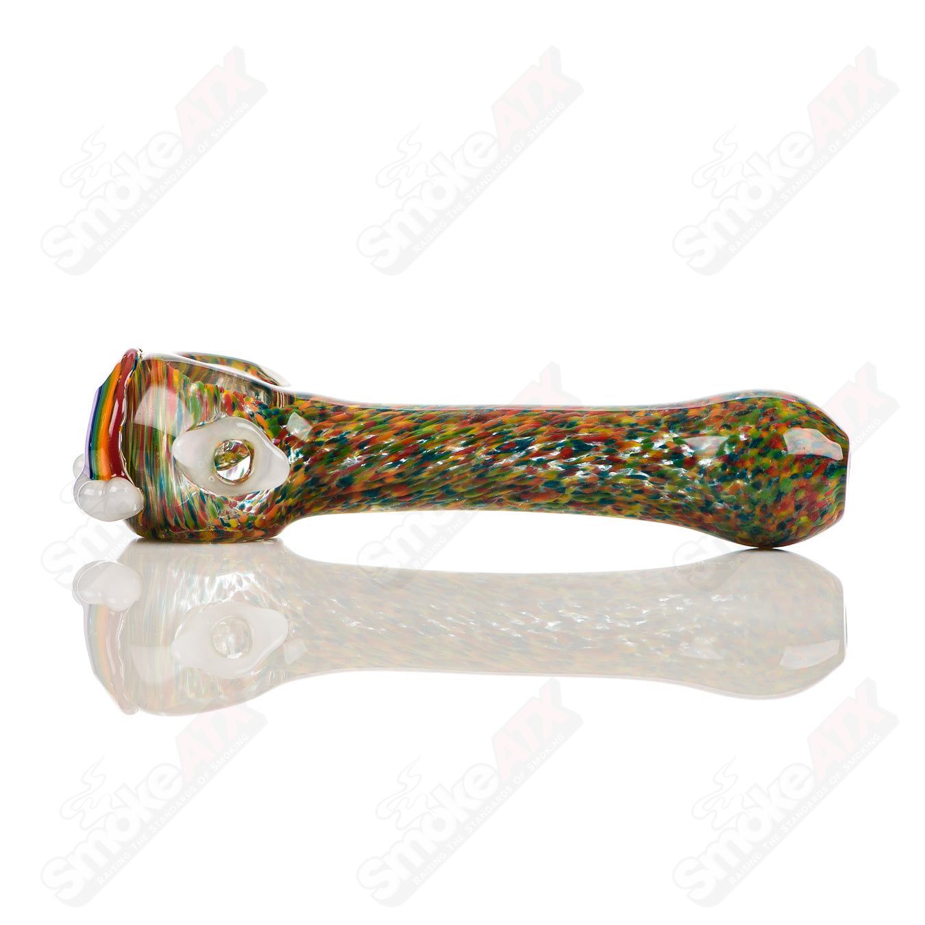 Colorful rainbow frit glass spoon pipe by Four Winds Flameworks, showcasing vibrant, intricate glasswork design.