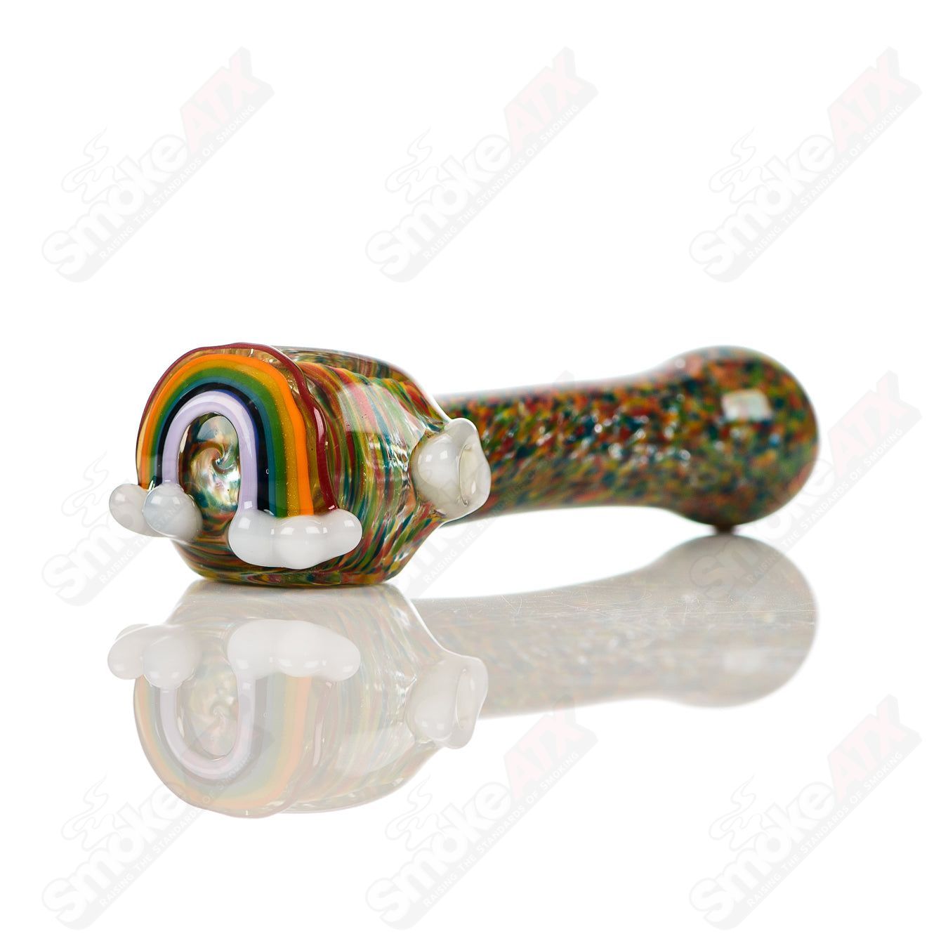 Colorful rainbow frit glass spoon pipe by Four Winds Flameworks, showcasing vibrant rainbow hues and intricate glasswork.