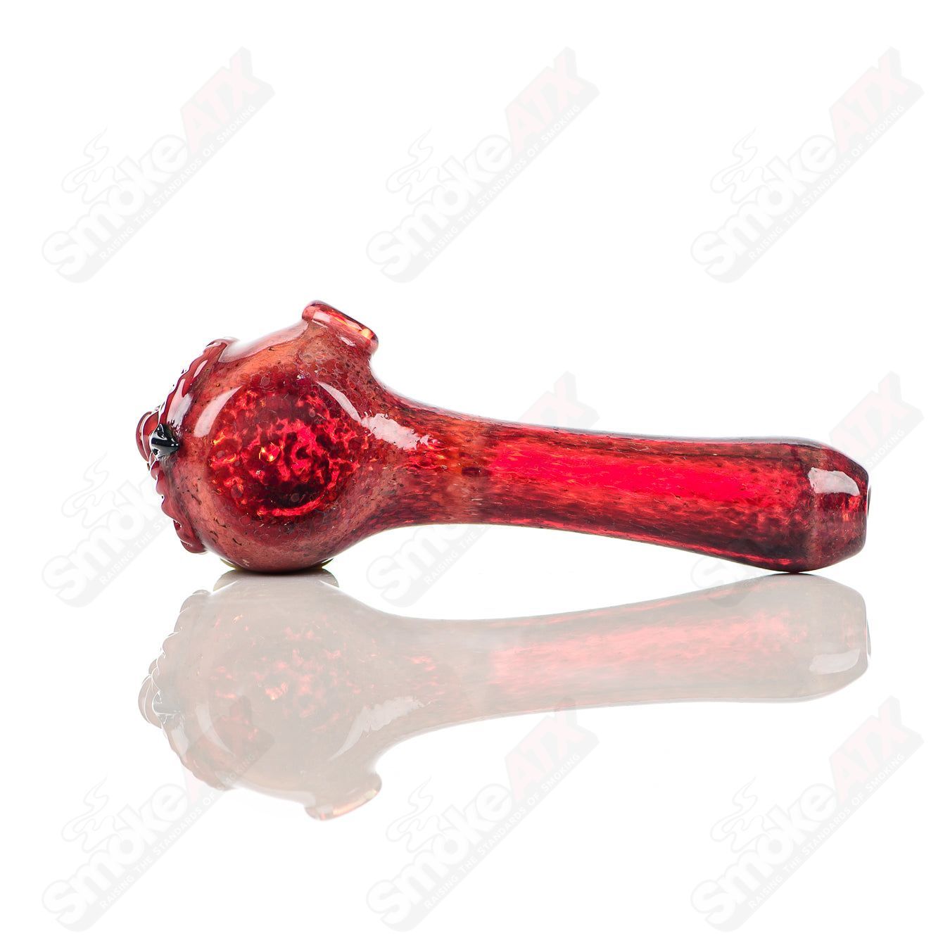 Red spotted owl glass pipe by Four Winds Flameworks, featuring detailed owl design and vibrant red spots.