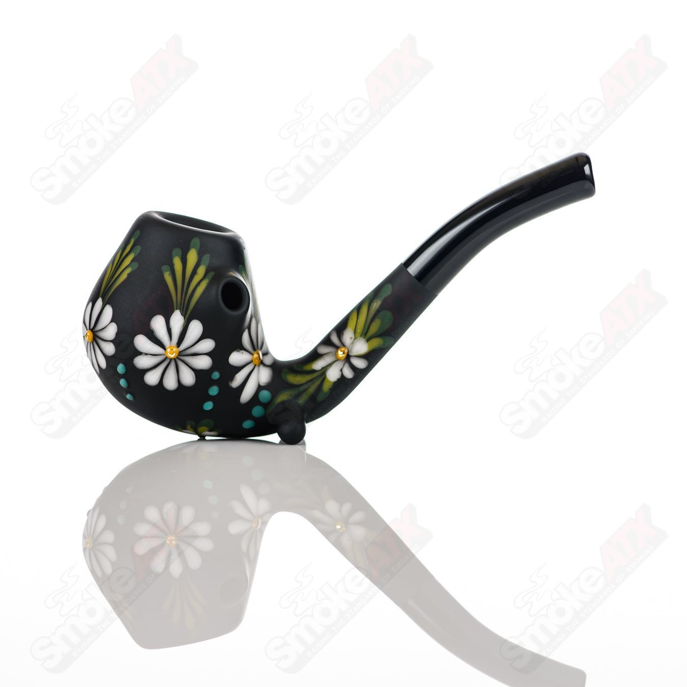 Sand - blasted Black Sherlock W/ White Flowers by Sarita Glass - Smoke ATX