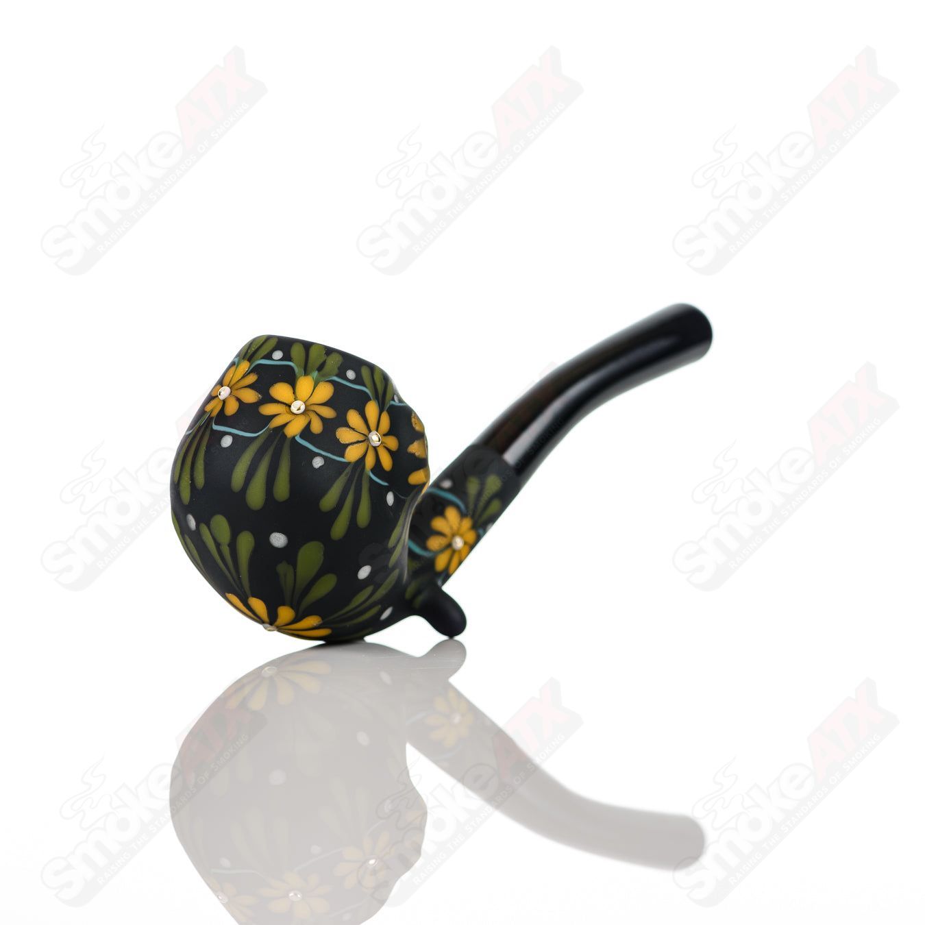 Sand - blasted Black Sherlock W/ Yellow Flowers by Sarita Glass - Smoke ATX