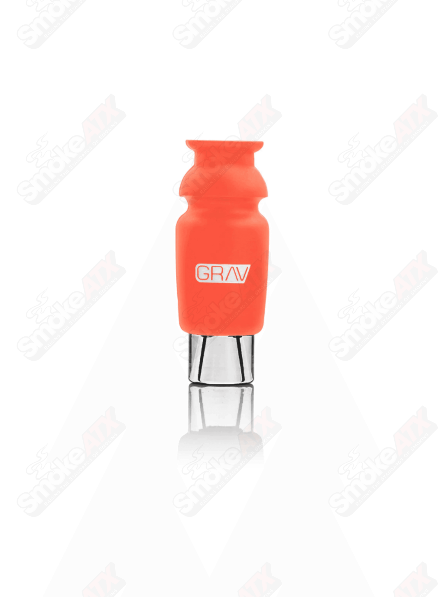 Scarlet orange silicone-capped glass crutch pipe by Grav, featuring a clear glass body and vibrant orange silicone cap.