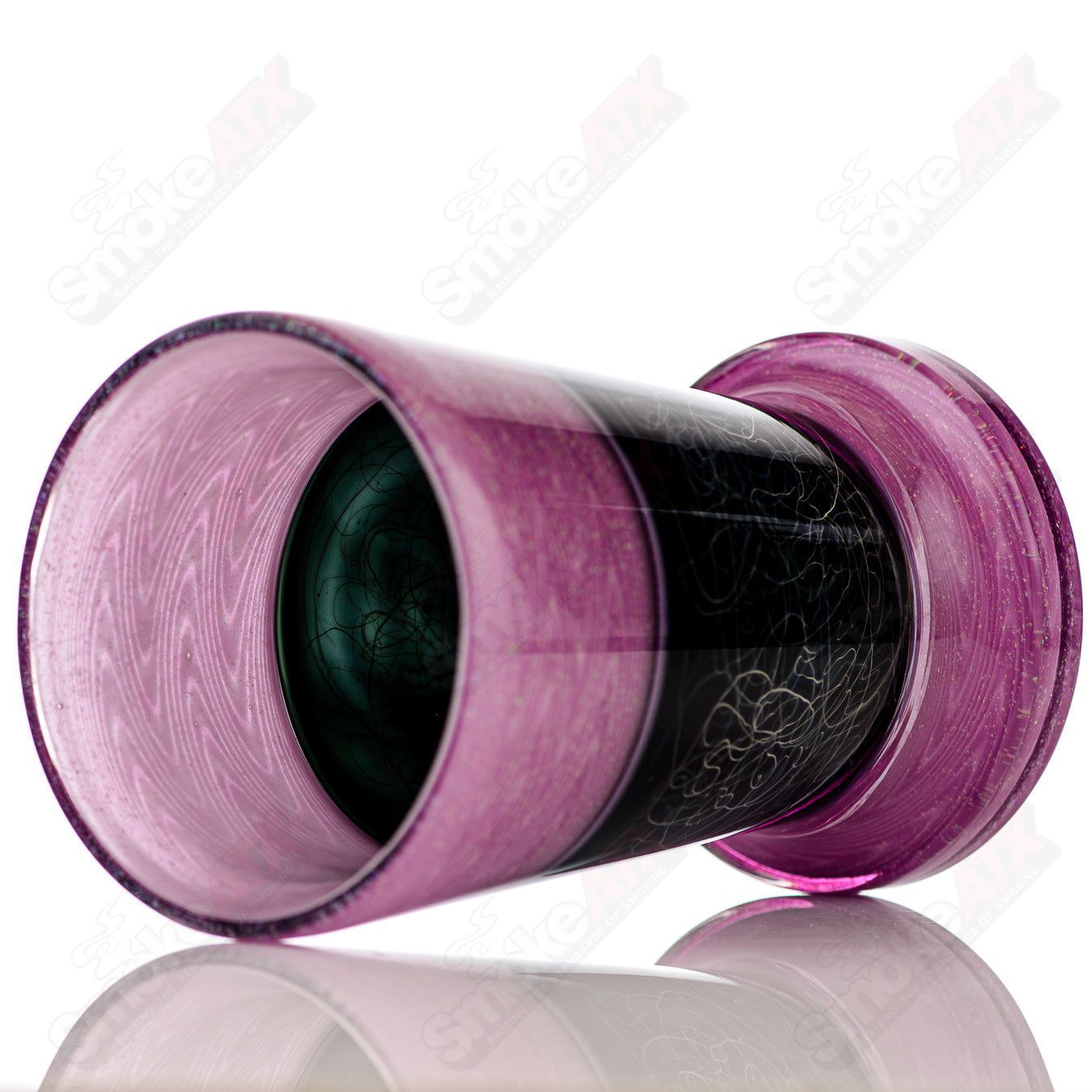Heady glass drinking cup featuring Scribble Tech design with Eusheen and Calmbo branding, colorful and artistic in style.