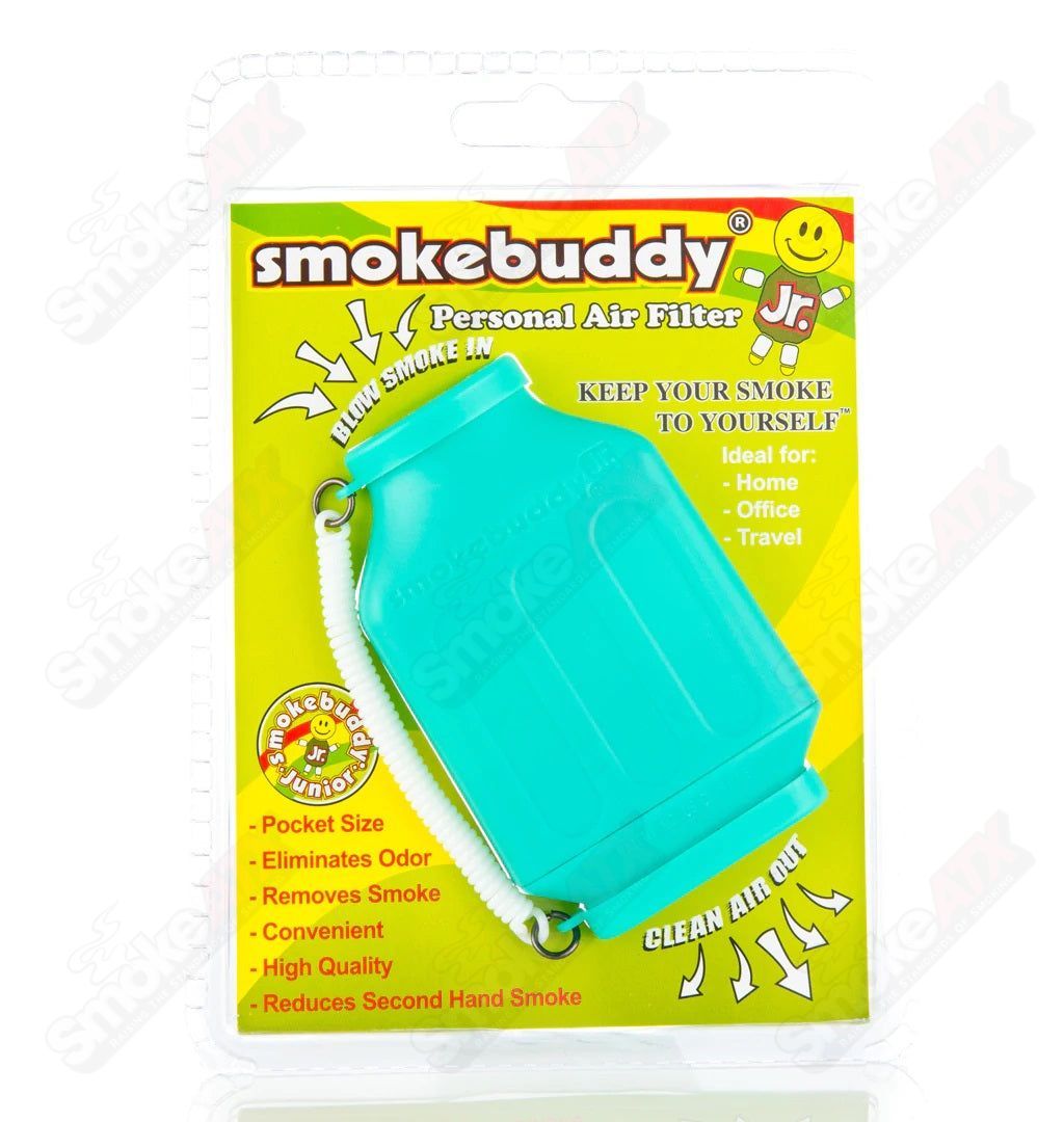 Smokebuddy Junior air filter device for smoke purification, compact and portable with a sleek design, branded by smokebuddy.