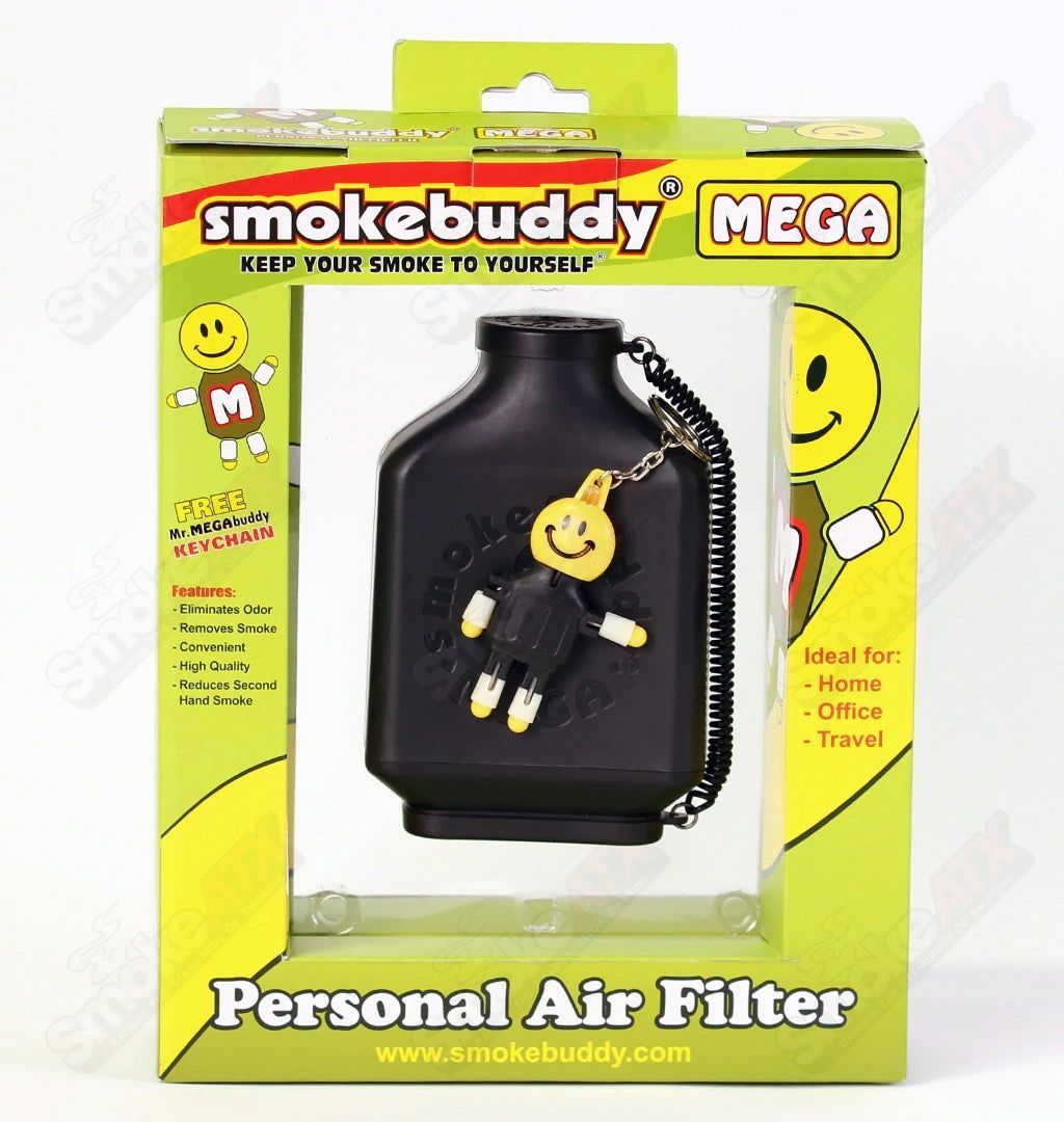 Smoke Buddy Mega air filter device designed for odor control and air purification, featuring a compact, portable design.