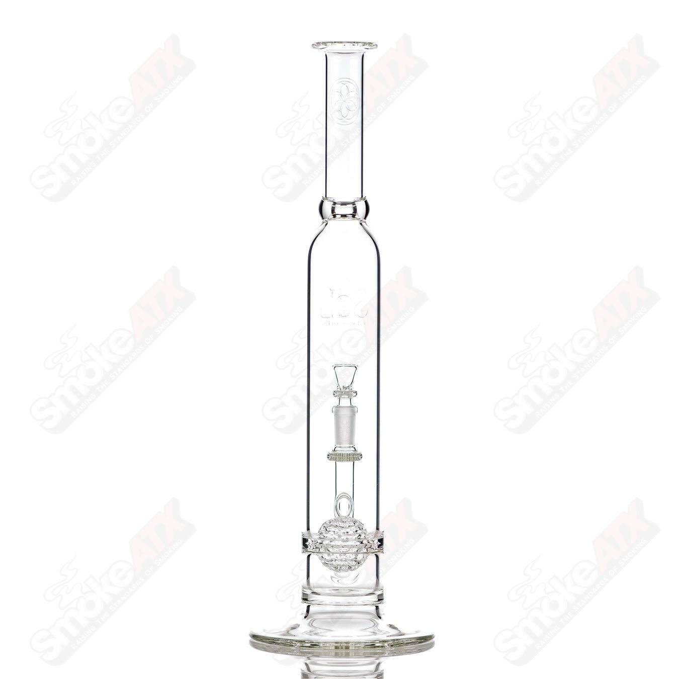Clear glass straight tube with intricate lace-sphere pattern from SoL Glassworks, labeled Fire Polish by SoL50 Lace-Sphere FPL.