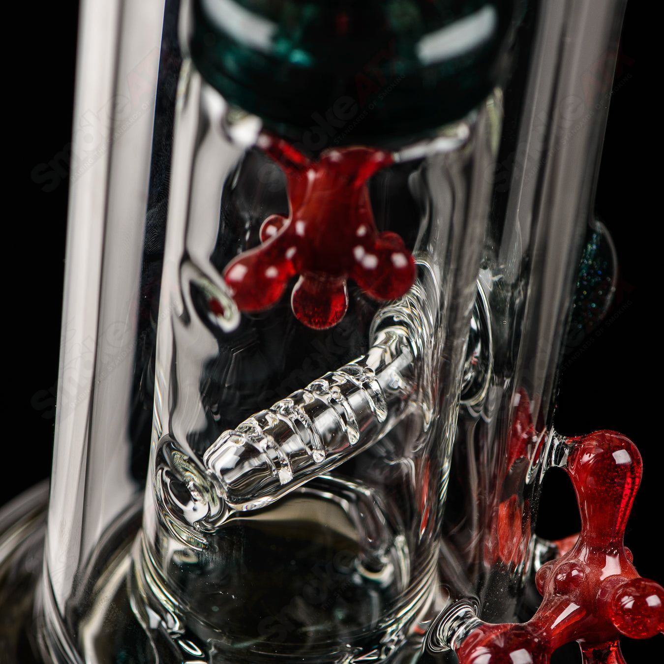 Spore accented Upline Rig by JMass, Silver Fox Glass, 2014, straight tube heady glass with intricate spore design and clear glass accents.