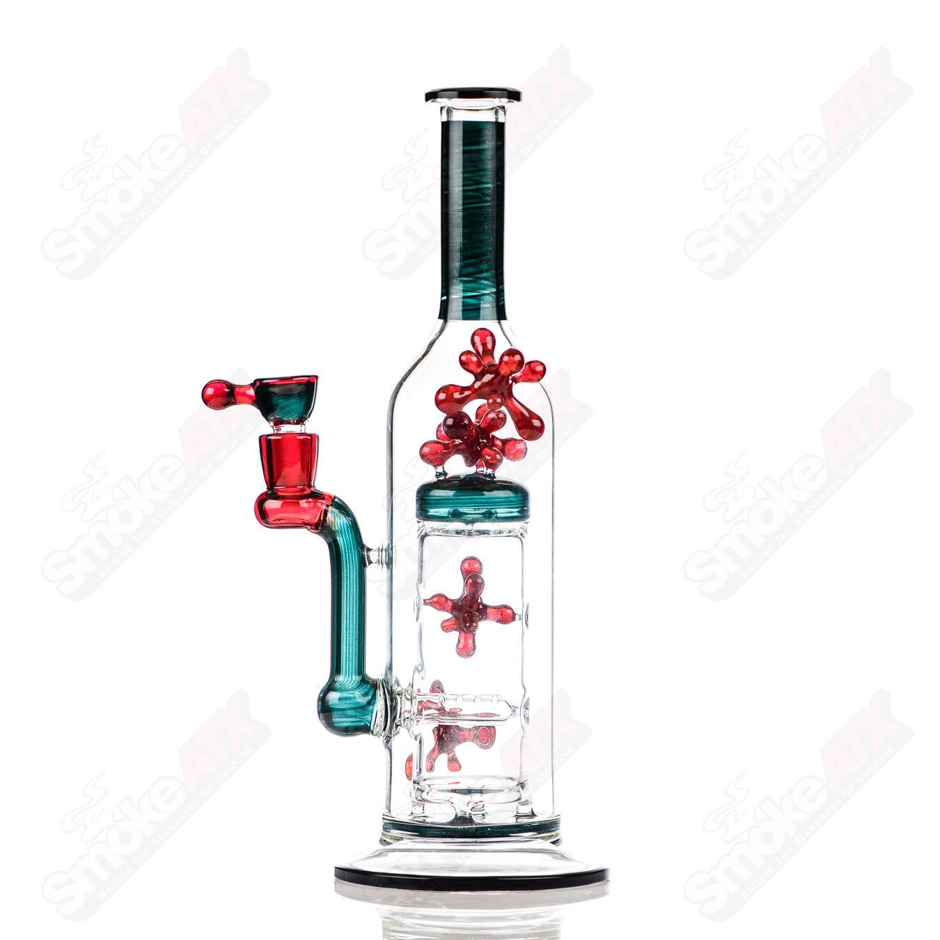 Spore accented Upline Rig by JMass, Silver Fox glass heady straight tube with intricate details and vibrant glasswork.