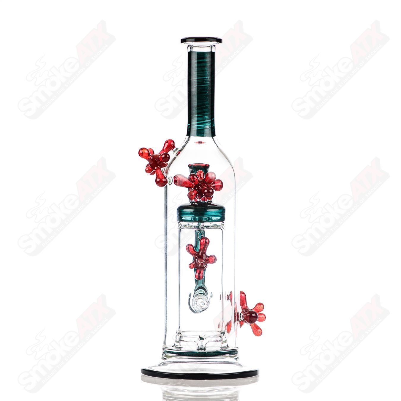 Spore accented Upline Rig by JMass, silver fox glass heady straight tube with intricate design and colorful accents.