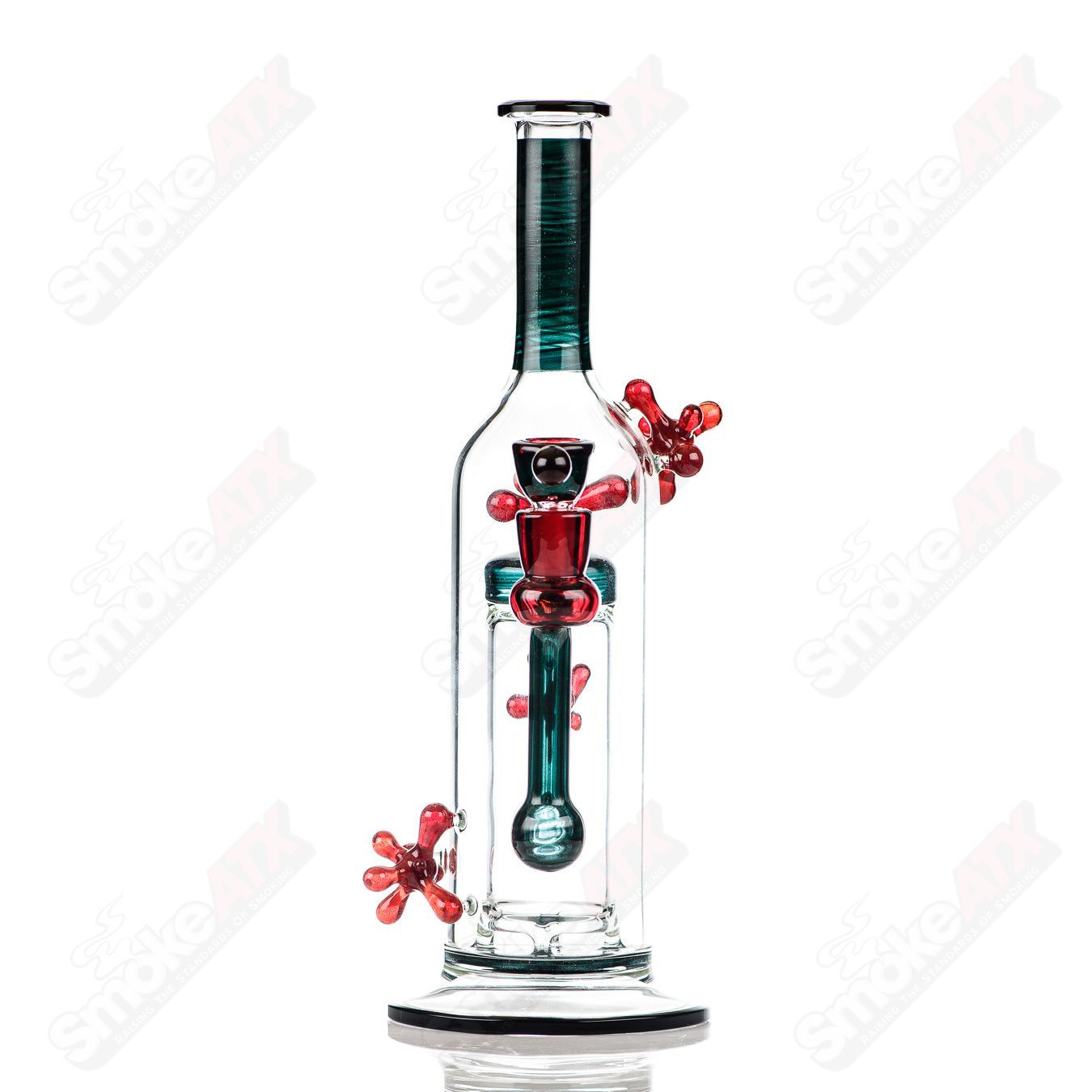 Spore accented Upline Rig by JMass, Silver Fox glass straight tube heady rig with detailed spore design, from 2014.