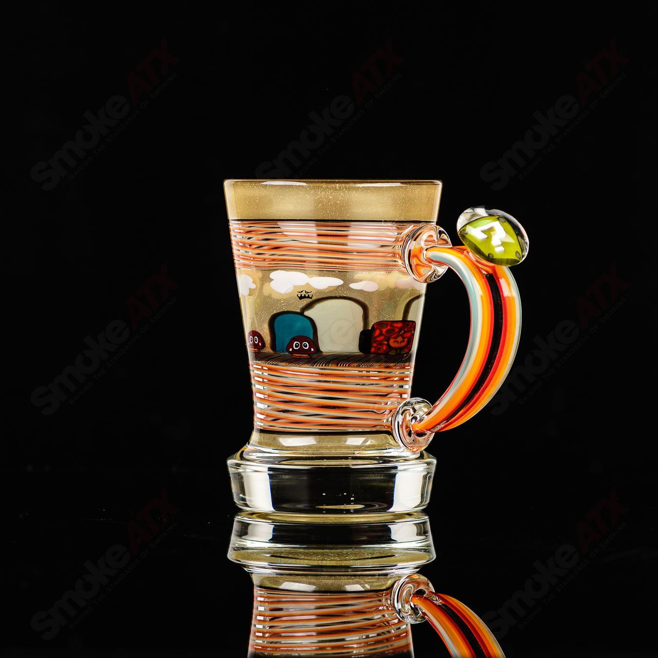 Super Mario themed Milli coffee mug by Micro Glass, featuring colorful Mario characters on a clear heady glass cup.