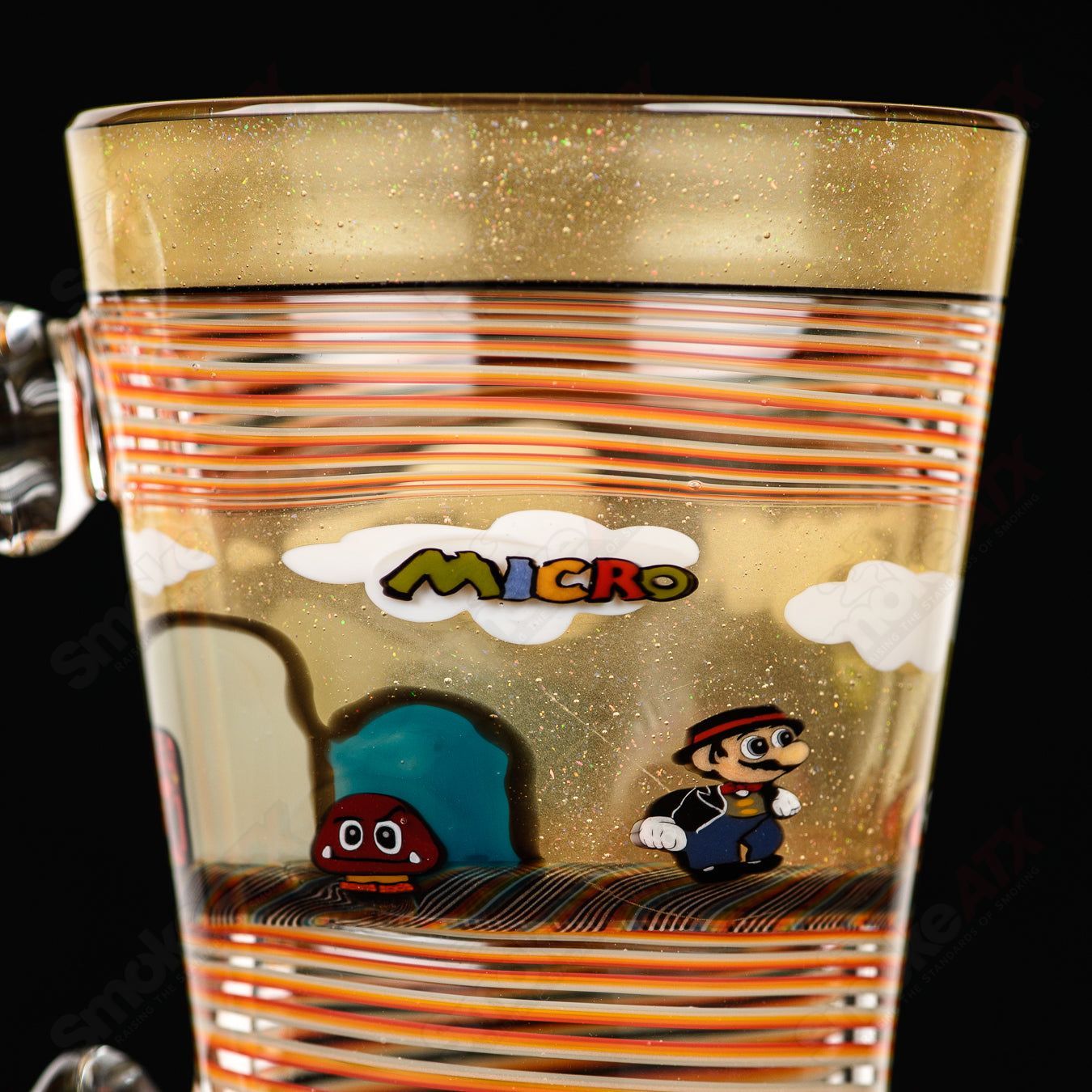Super Mario themed Milli coffee mug by Micro & SPG, heady glass cup featuring Mario characters and vibrant design.