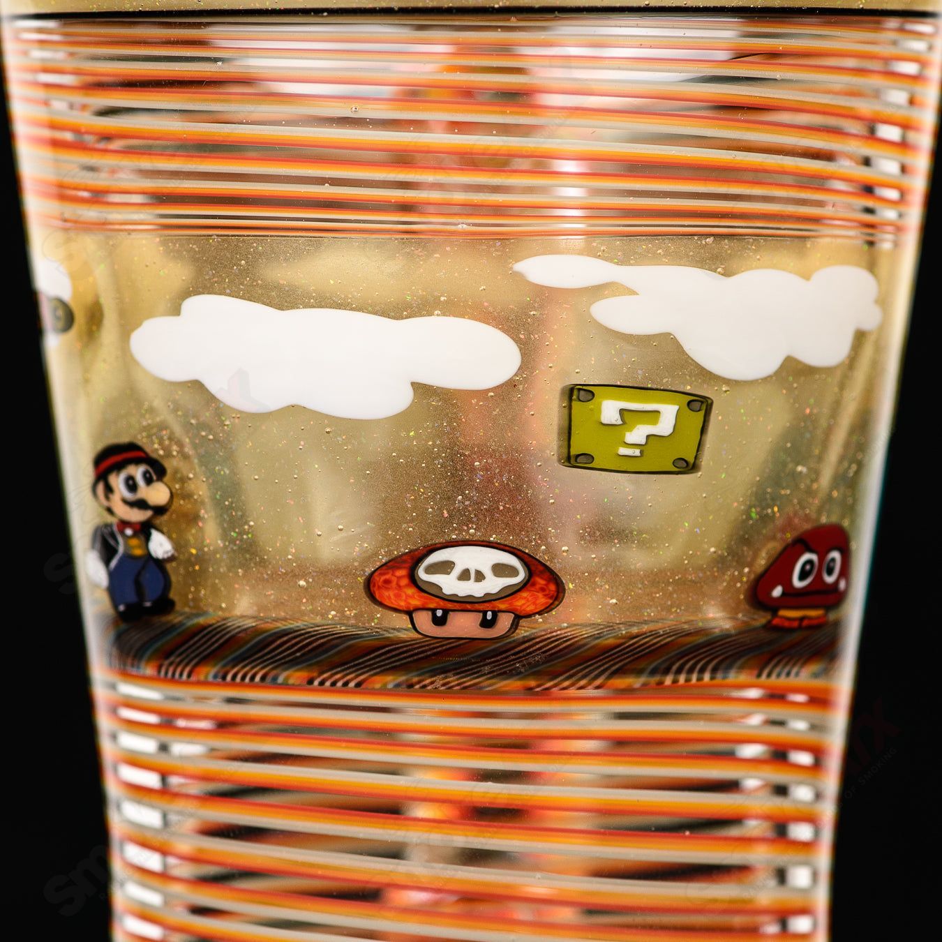 Micro Glass Super Mario-themed Milli coffee mug featuring colorful Mario graphics and a sturdy glass cup design.