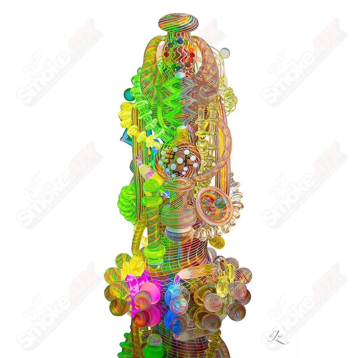 Heady glass concentrate rig featuring intricate design by LaceFace x Karma Glass in "The Mother Borg" collaboration.