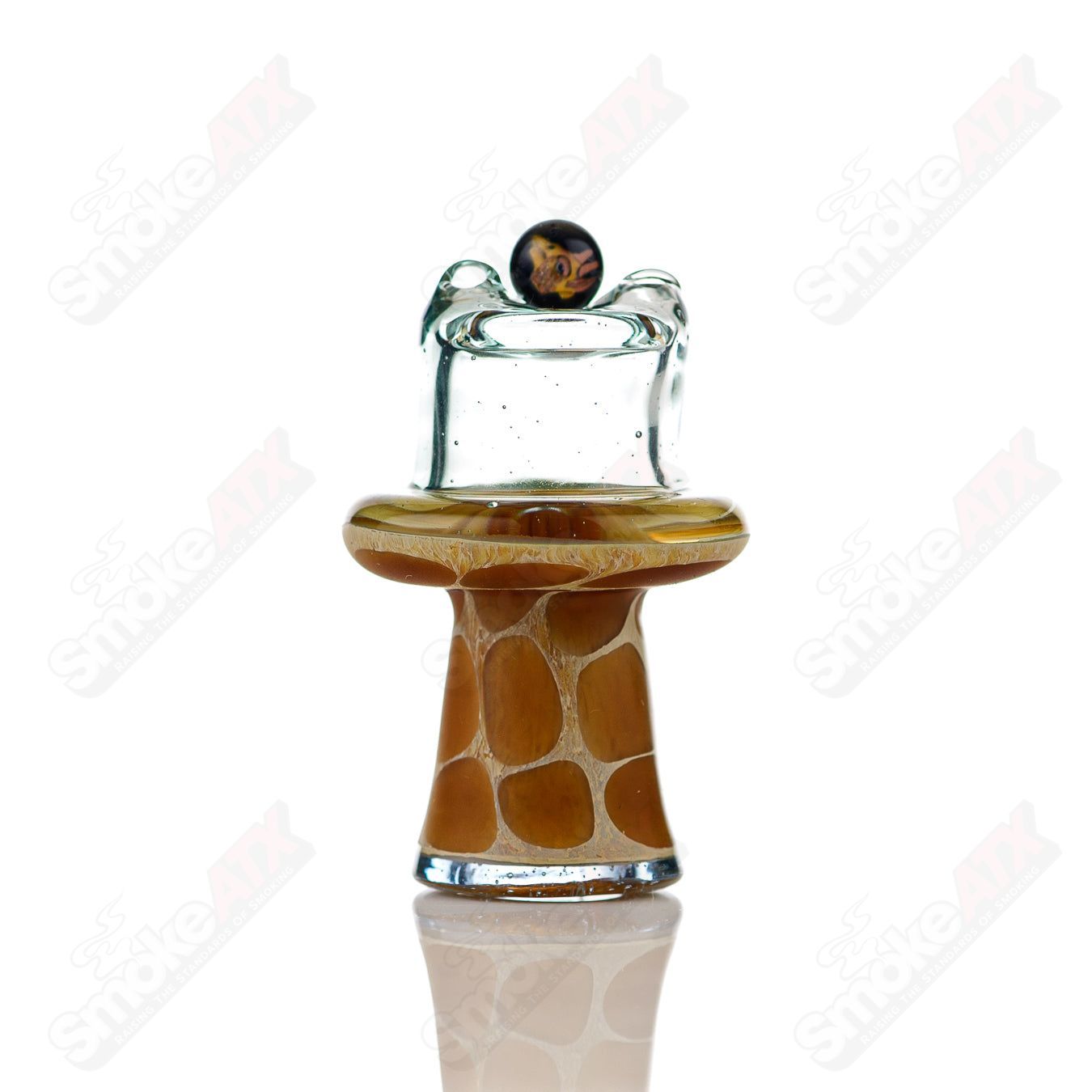Transparent blue giraffe-shaped spinner cap with pearl accents, designed for Robertson Glass carb collection, made of heady glass.