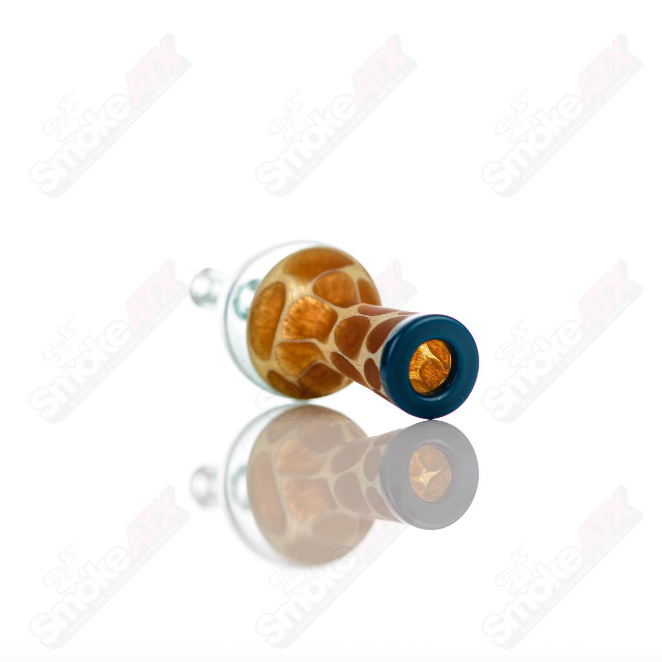 Transparent blue Robertson Glass bubble cap with blue accents and giraffe print, designed for heady glass and carb collection.