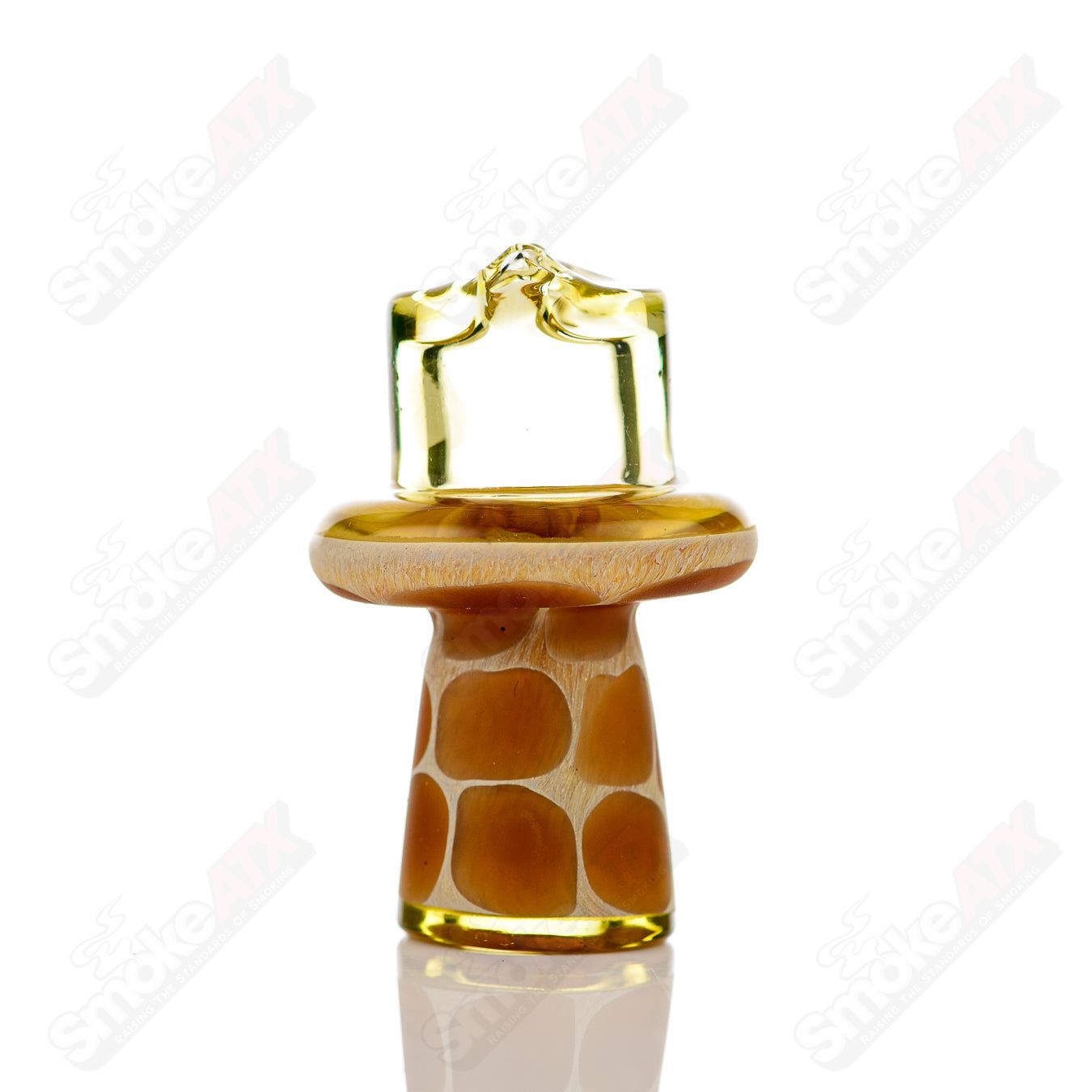 Transparent yellow giraffe spinner cap with pearl details, designed for Robertson Glass heady glass carb collection.