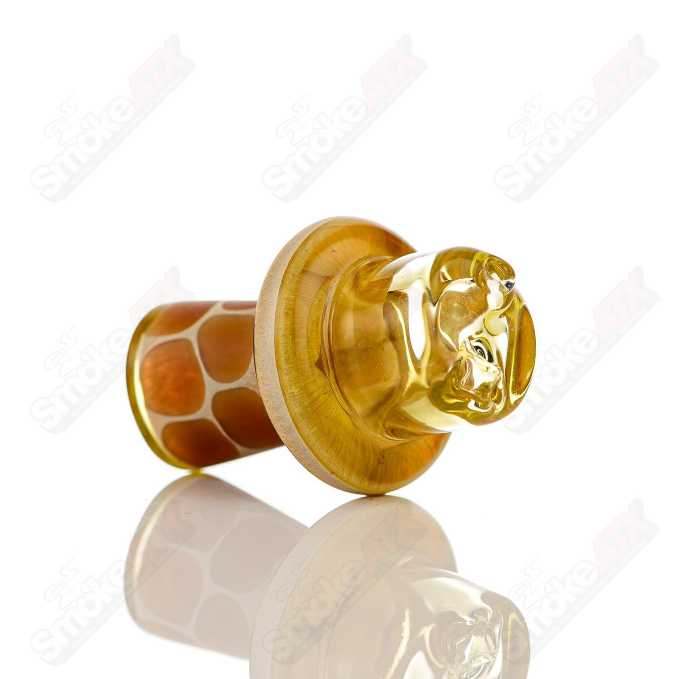 Transparent yellow giraffe spinner cap with pearl accents for heady glass carb caps by Robertson Glass.